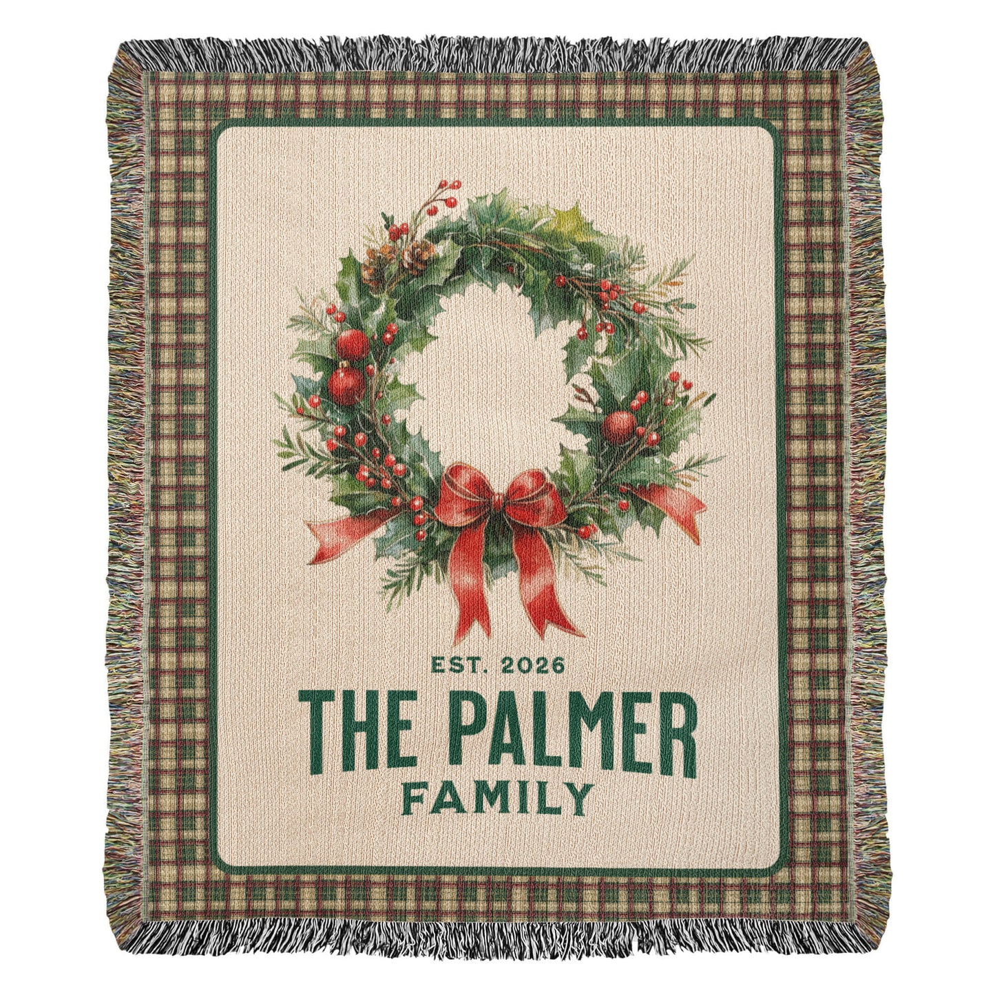 Personalized Family Est. Christmas Wreath Blanket – Custom Family Name & Date Woven Tapestry Throw, 100% Cotton Heirloom Gift