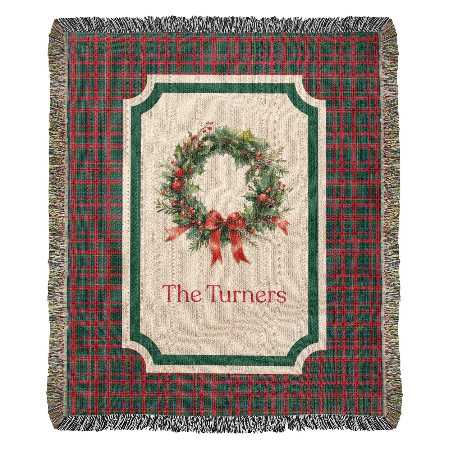 Personalized Christmas Wreath Woven Blanket – Custom Family Name Tartan Tapestry Throw, 100% Cotton Heirloom Gift