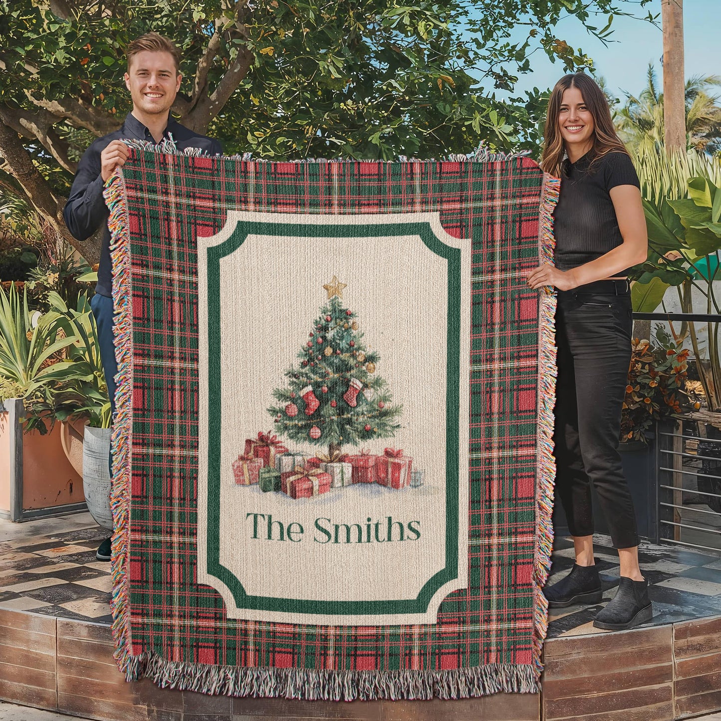 Personalized Christmas Woven Blanket – Custom Family Name Tapestry Throw, 100% Cotton Heirloom Gift