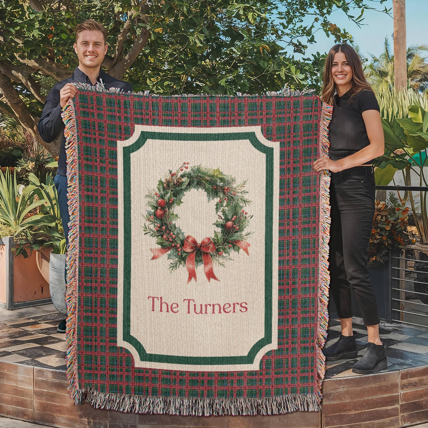 Personalized Christmas Wreath Woven Blanket – Custom Family Name Tartan Tapestry Throw, 100% Cotton Heirloom Gift