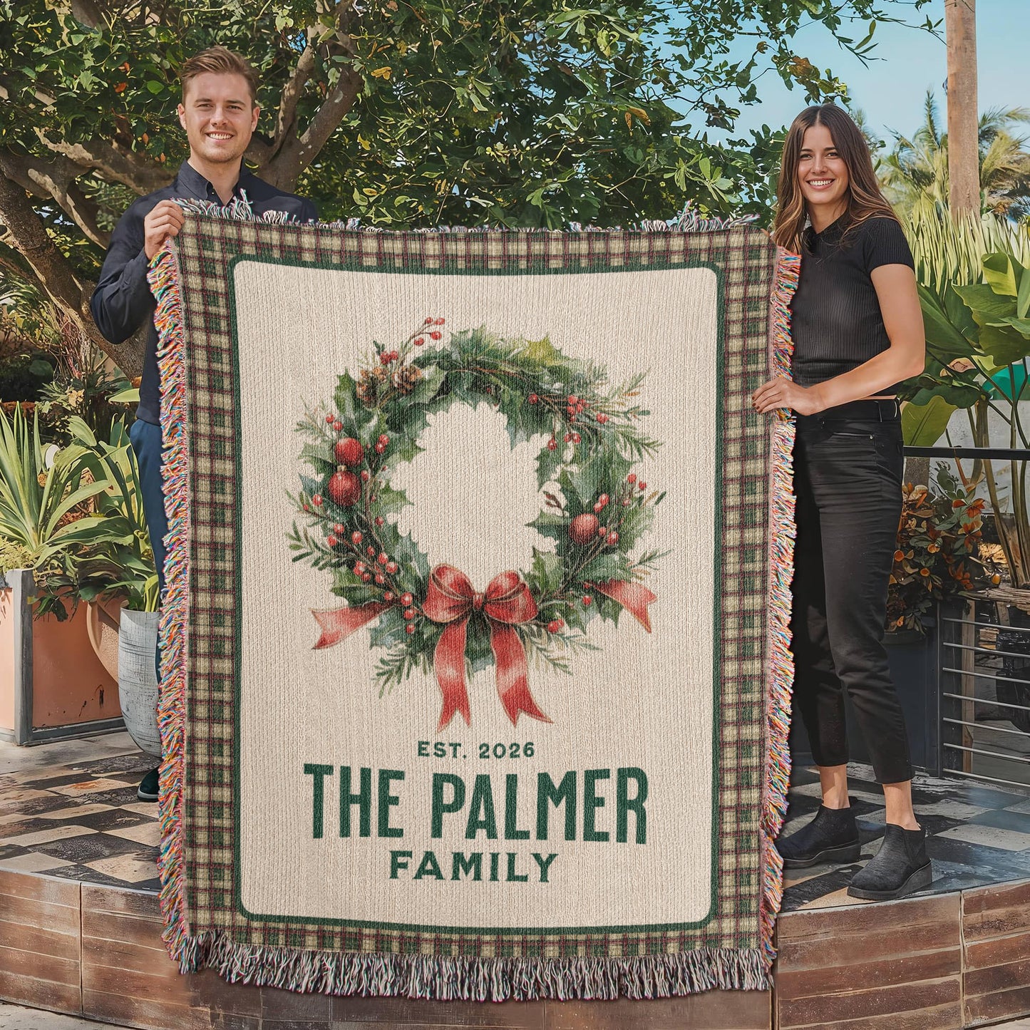 Personalized Family Est. Christmas Wreath Blanket – Custom Family Name & Date Woven Tapestry Throw, 100% Cotton Heirloom Gift