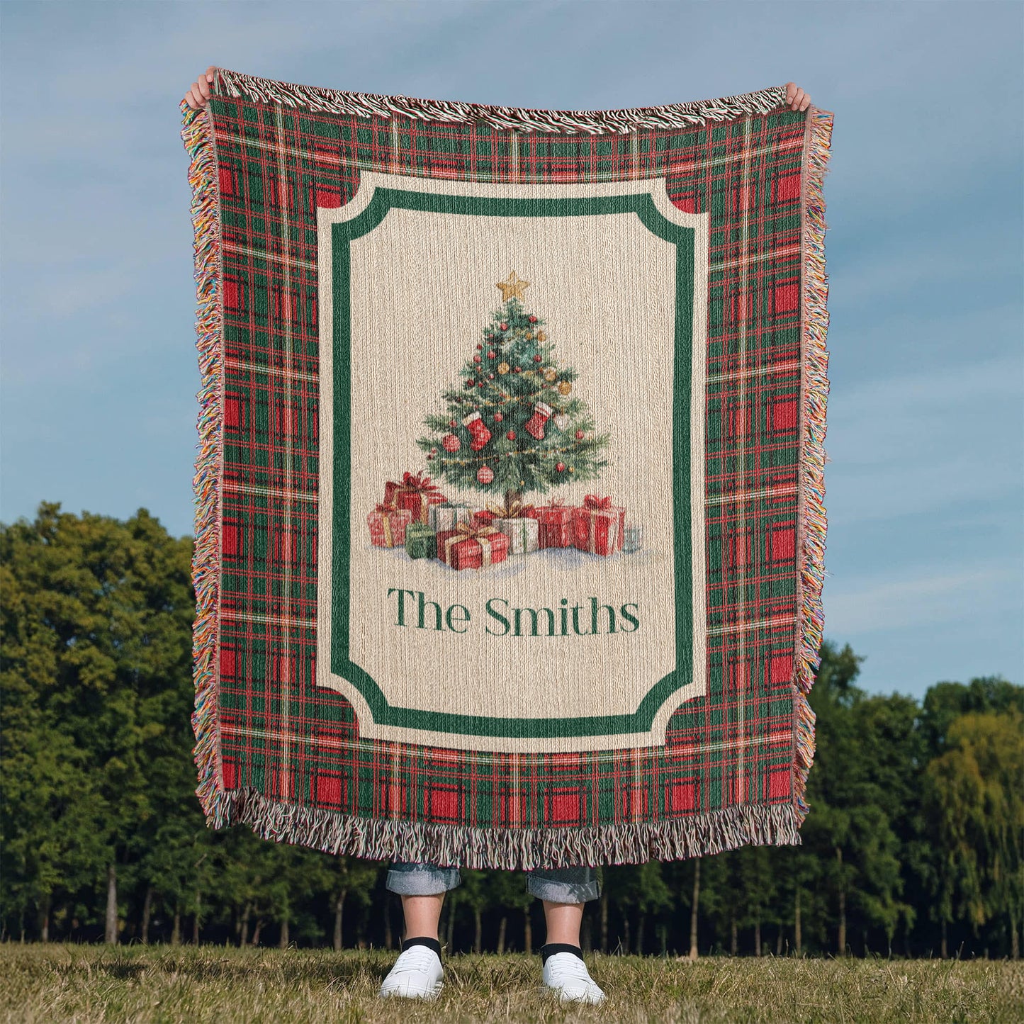Personalized Christmas Woven Blanket – Custom Family Name Tapestry Throw, 100% Cotton Heirloom Gift