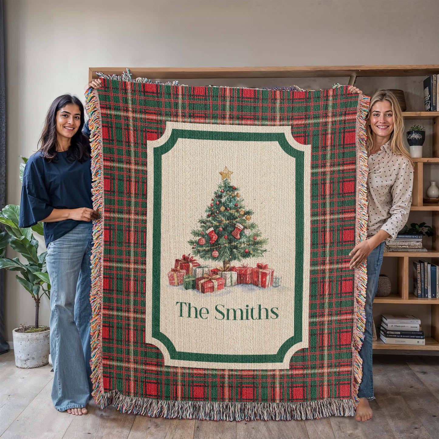 Personalized Christmas Woven Blanket – Custom Family Name Tapestry Throw, 100% Cotton Heirloom Gift