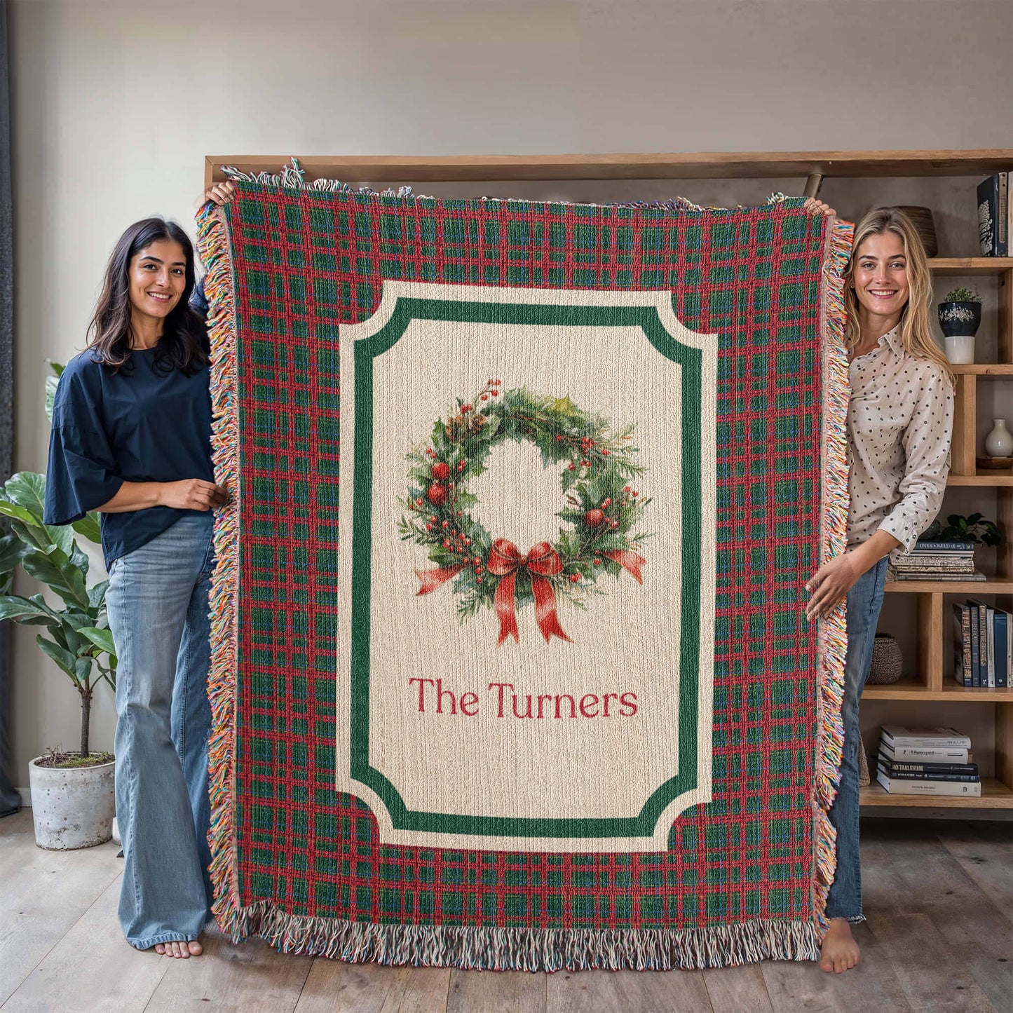 Personalized Christmas Wreath Woven Blanket – Custom Family Name Tartan Tapestry Throw, 100% Cotton Heirloom Gift