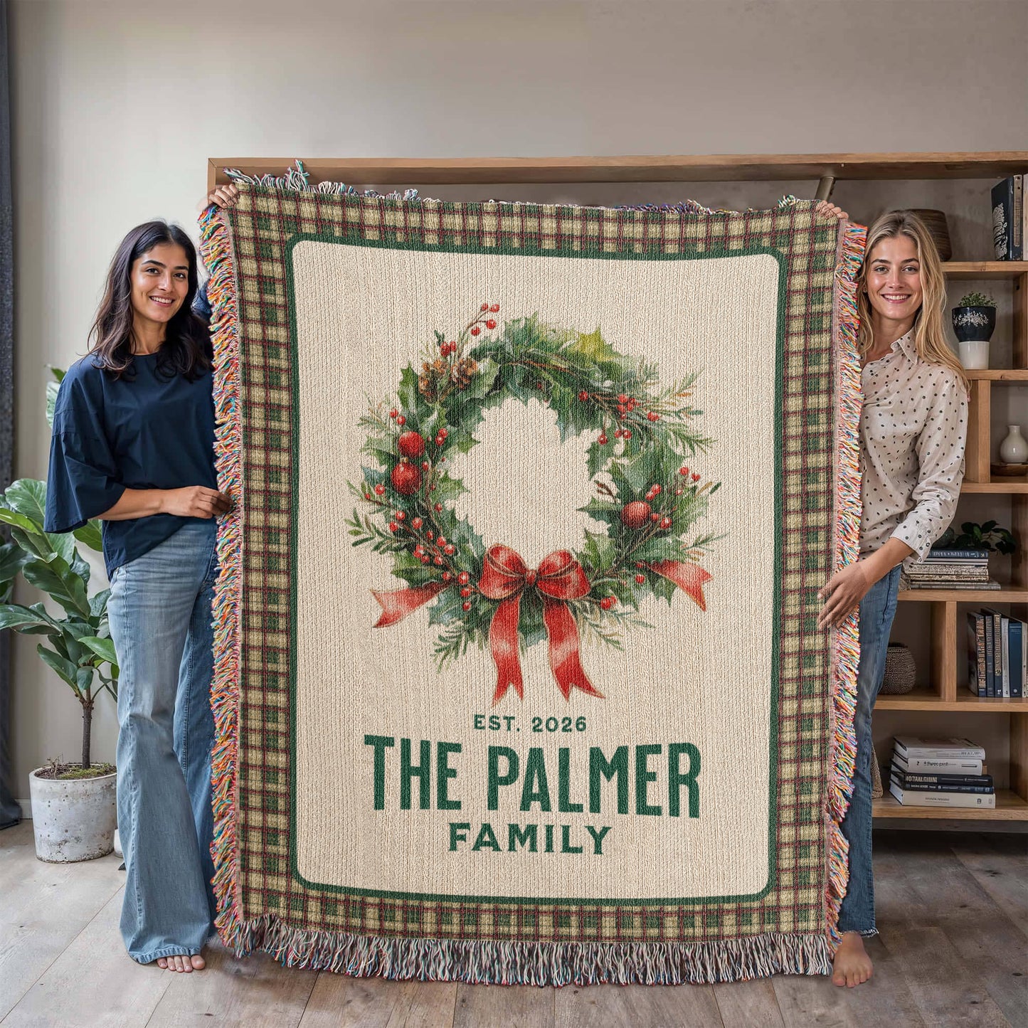 Personalized Family Est. Christmas Wreath Blanket – Custom Family Name & Date Woven Tapestry Throw, 100% Cotton Heirloom Gift