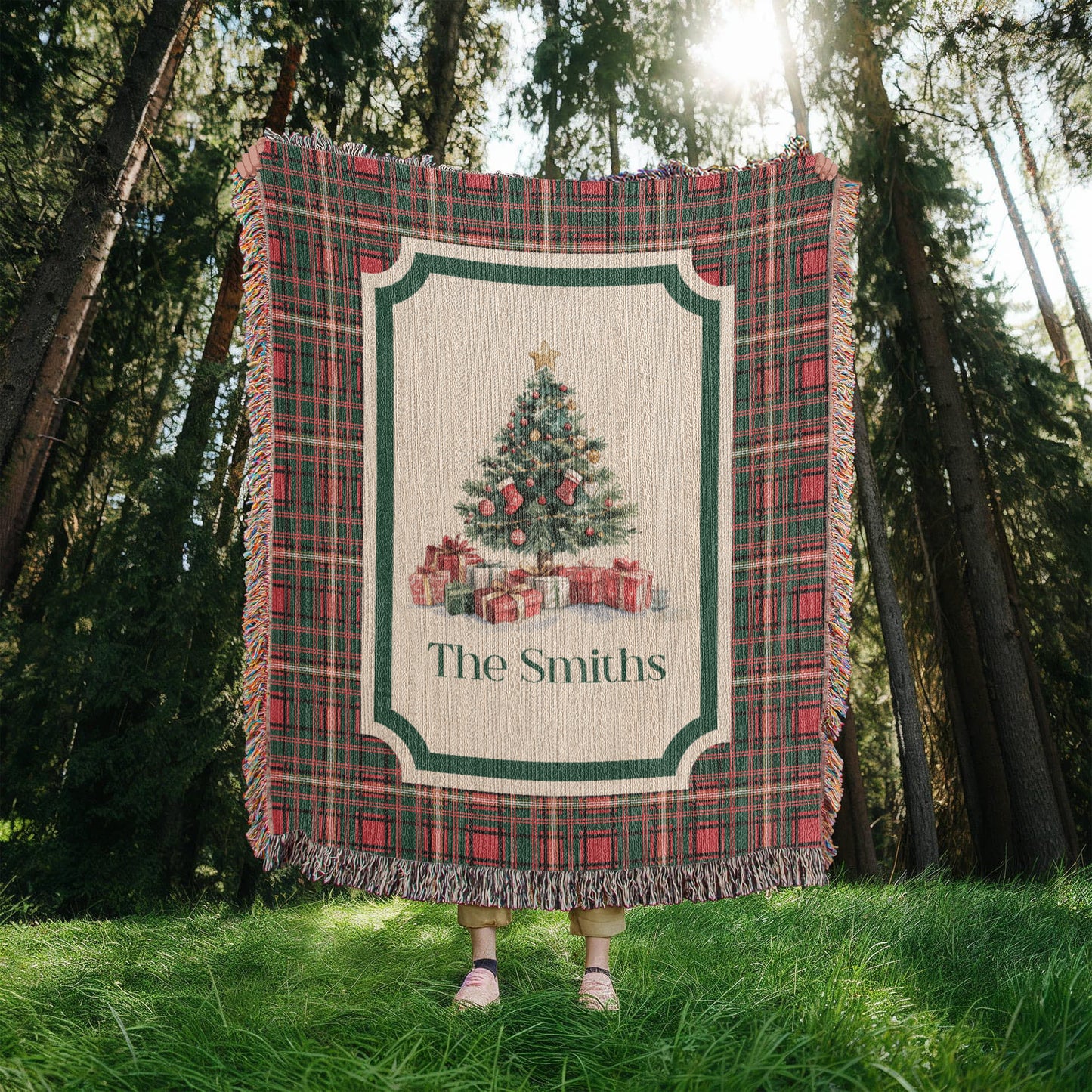 Personalized Christmas Woven Blanket – Custom Family Name Tapestry Throw, 100% Cotton Heirloom Gift