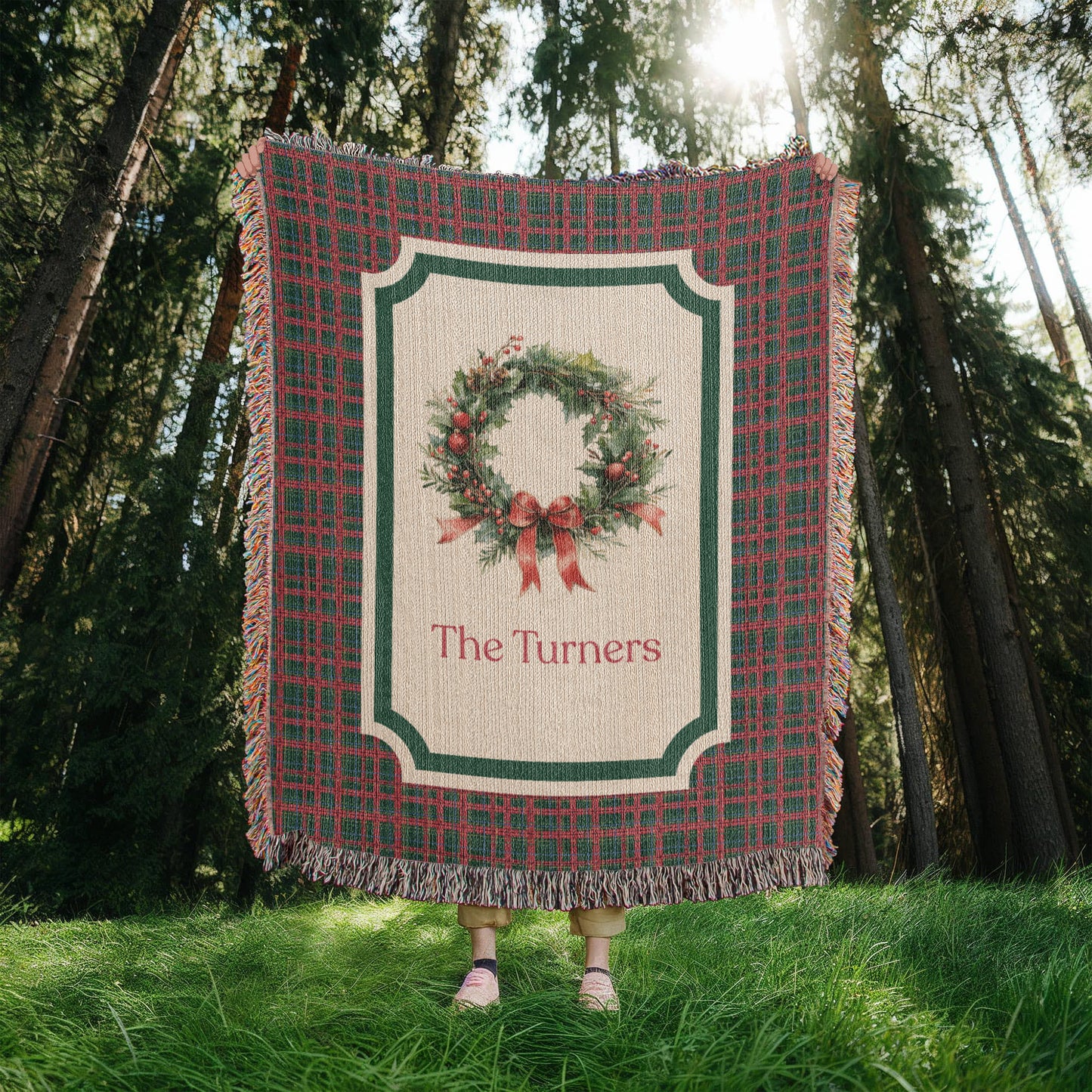 Personalized Christmas Wreath Woven Blanket – Custom Family Name Tartan Tapestry Throw, 100% Cotton Heirloom Gift