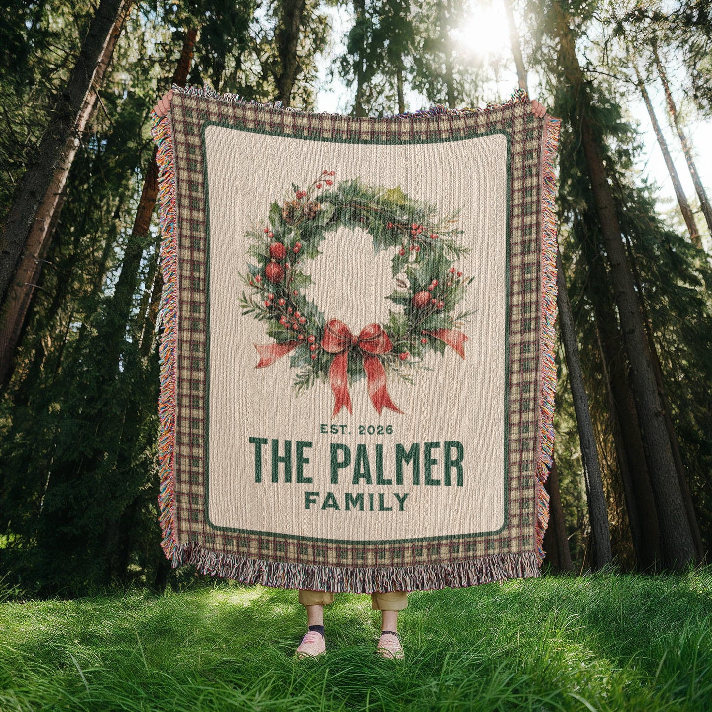 Personalized Family Est. Christmas Wreath Blanket – Custom Family Name & Date Woven Tapestry Throw, 100% Cotton Heirloom Gift