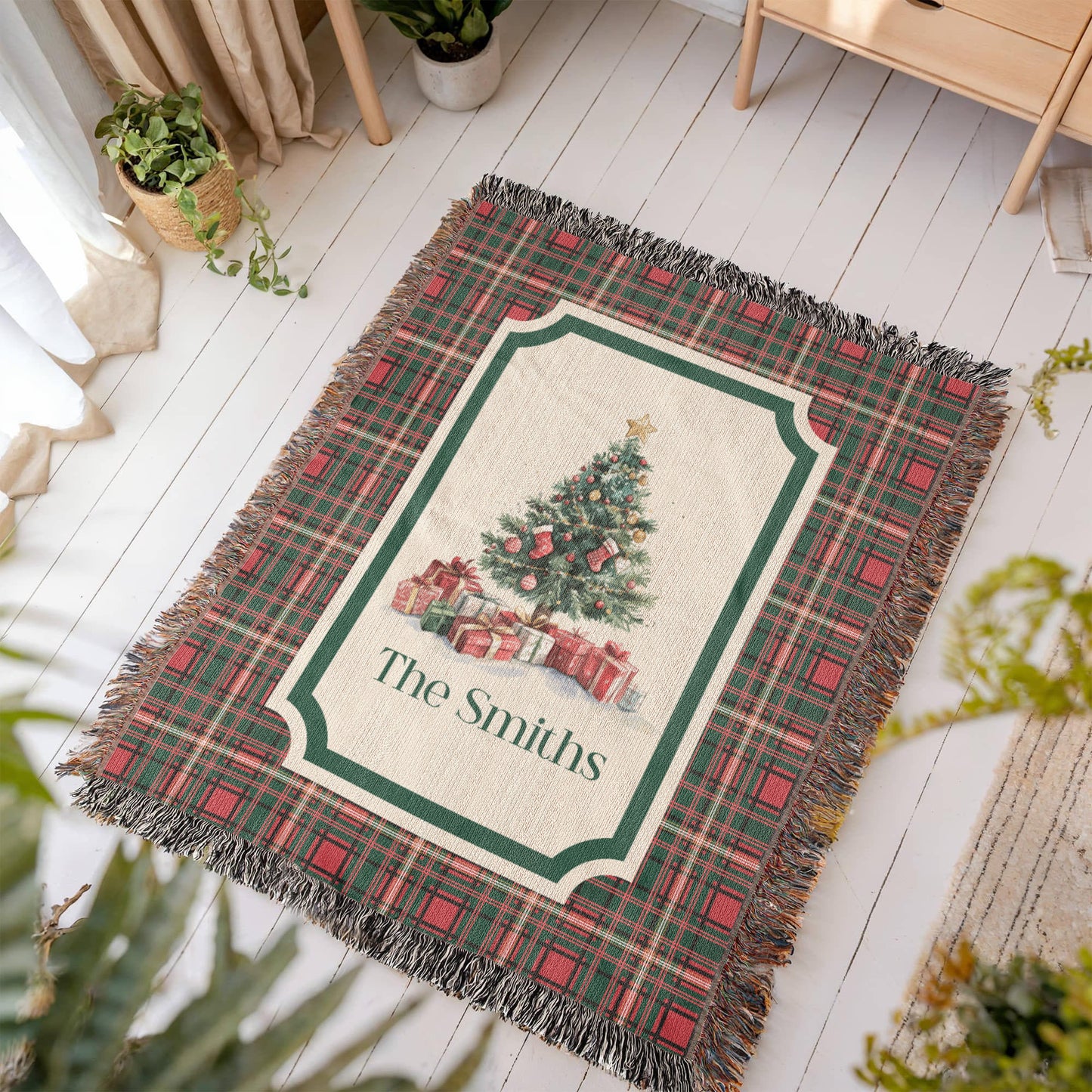 Personalized Christmas Woven Blanket – Custom Family Name Tapestry Throw, 100% Cotton Heirloom Gift