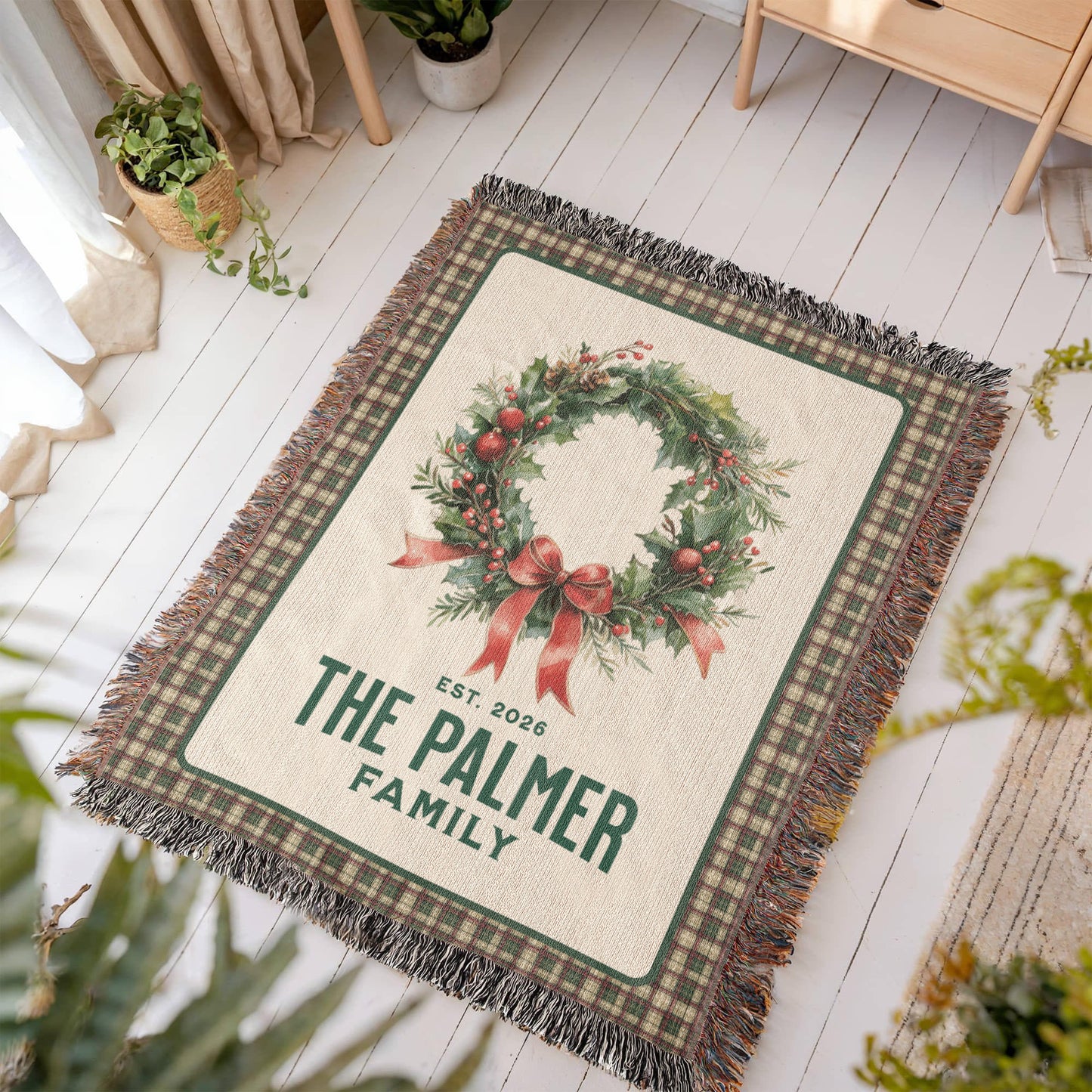 Personalized Family Est. Christmas Wreath Blanket – Custom Family Name & Date Woven Tapestry Throw, 100% Cotton Heirloom Gift