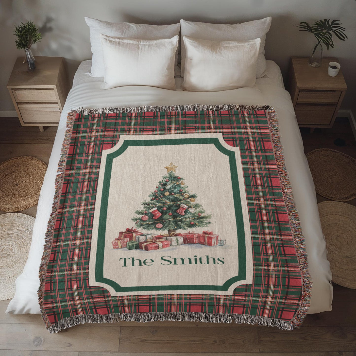 Personalized Christmas Woven Blanket – Custom Family Name Tapestry Throw, 100% Cotton Heirloom Gift
