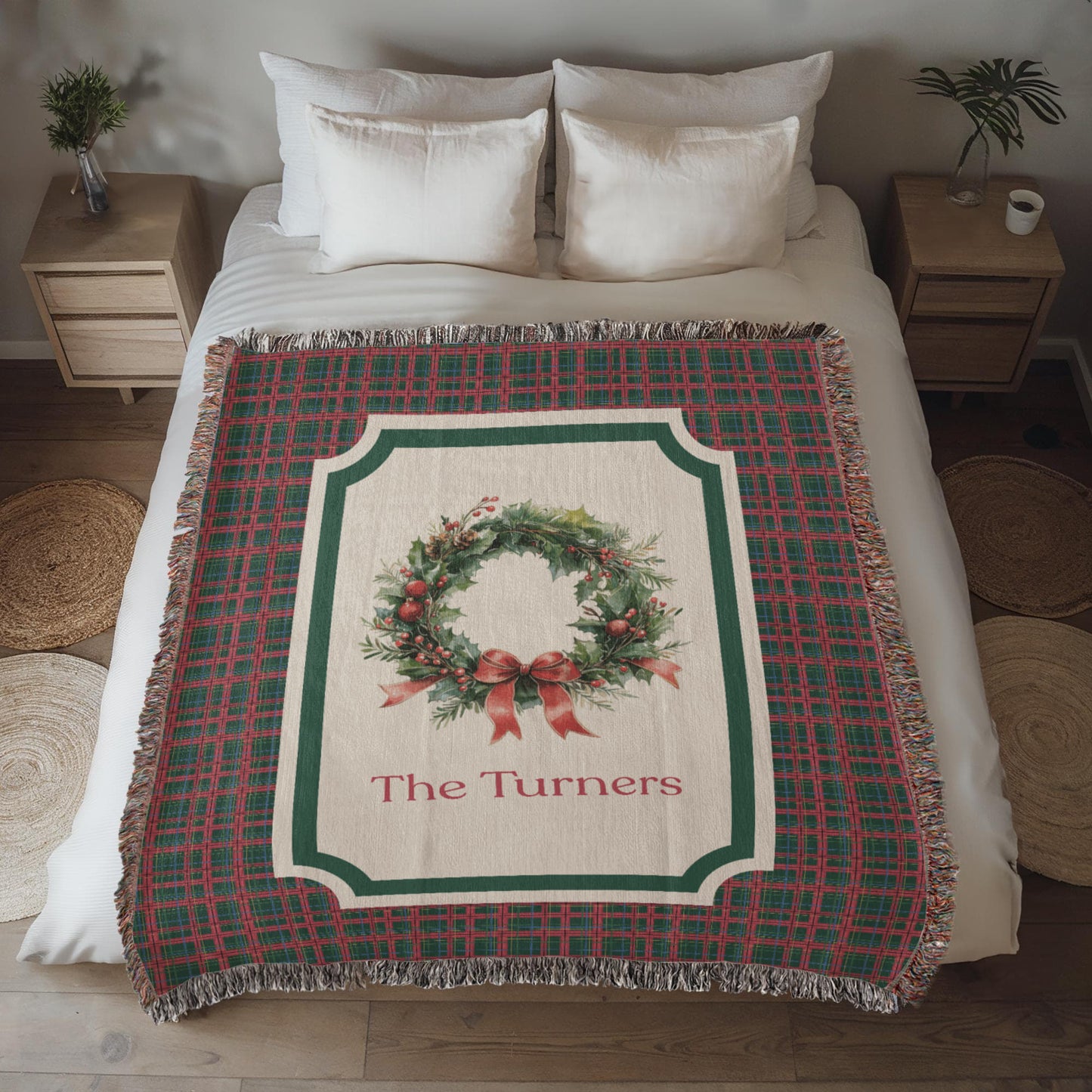 Personalized Christmas Wreath Woven Blanket – Custom Family Name Tartan Tapestry Throw, 100% Cotton Heirloom Gift