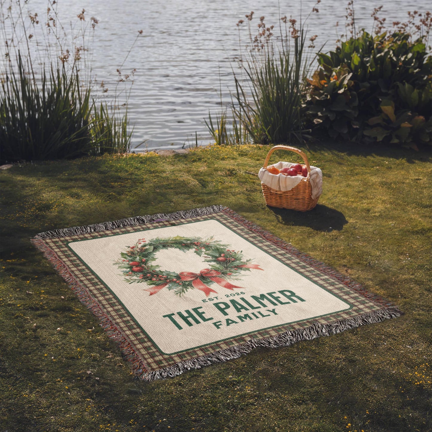 Personalized Family Est. Christmas Wreath Blanket – Custom Family Name & Date Woven Tapestry Throw, 100% Cotton Heirloom Gift