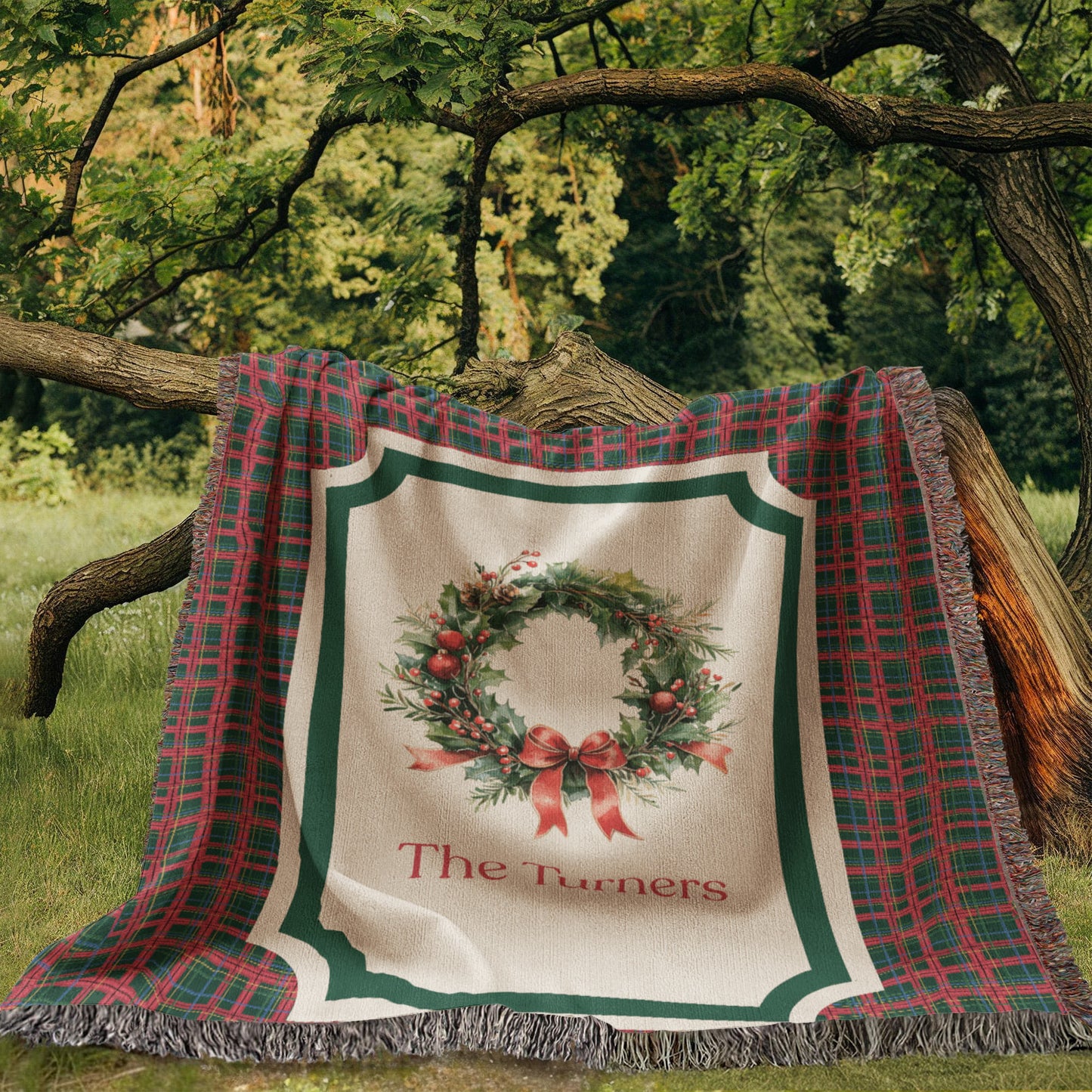 Personalized Christmas Wreath Woven Blanket – Custom Family Name Tartan Tapestry Throw, 100% Cotton Heirloom Gift
