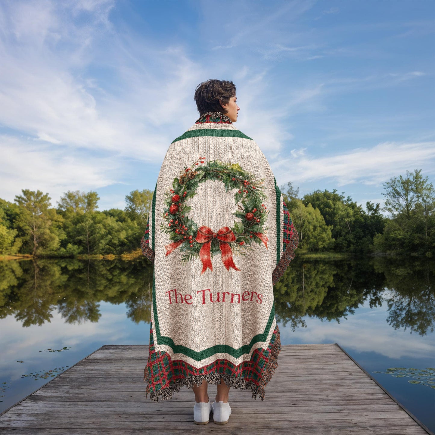 Personalized Christmas Wreath Woven Blanket – Custom Family Name Tartan Tapestry Throw, 100% Cotton Heirloom Gift