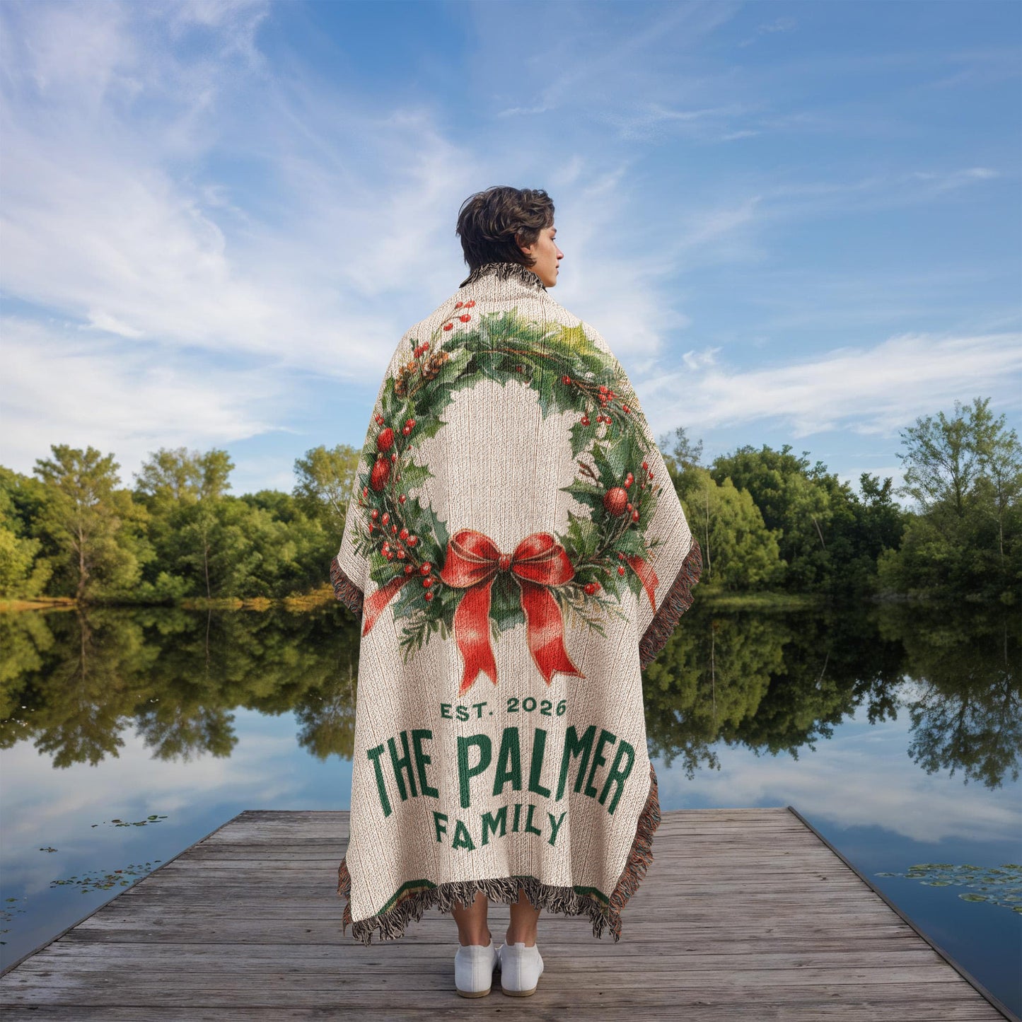 Personalized Family Est. Christmas Wreath Blanket – Custom Family Name & Date Woven Tapestry Throw, 100% Cotton Heirloom Gift