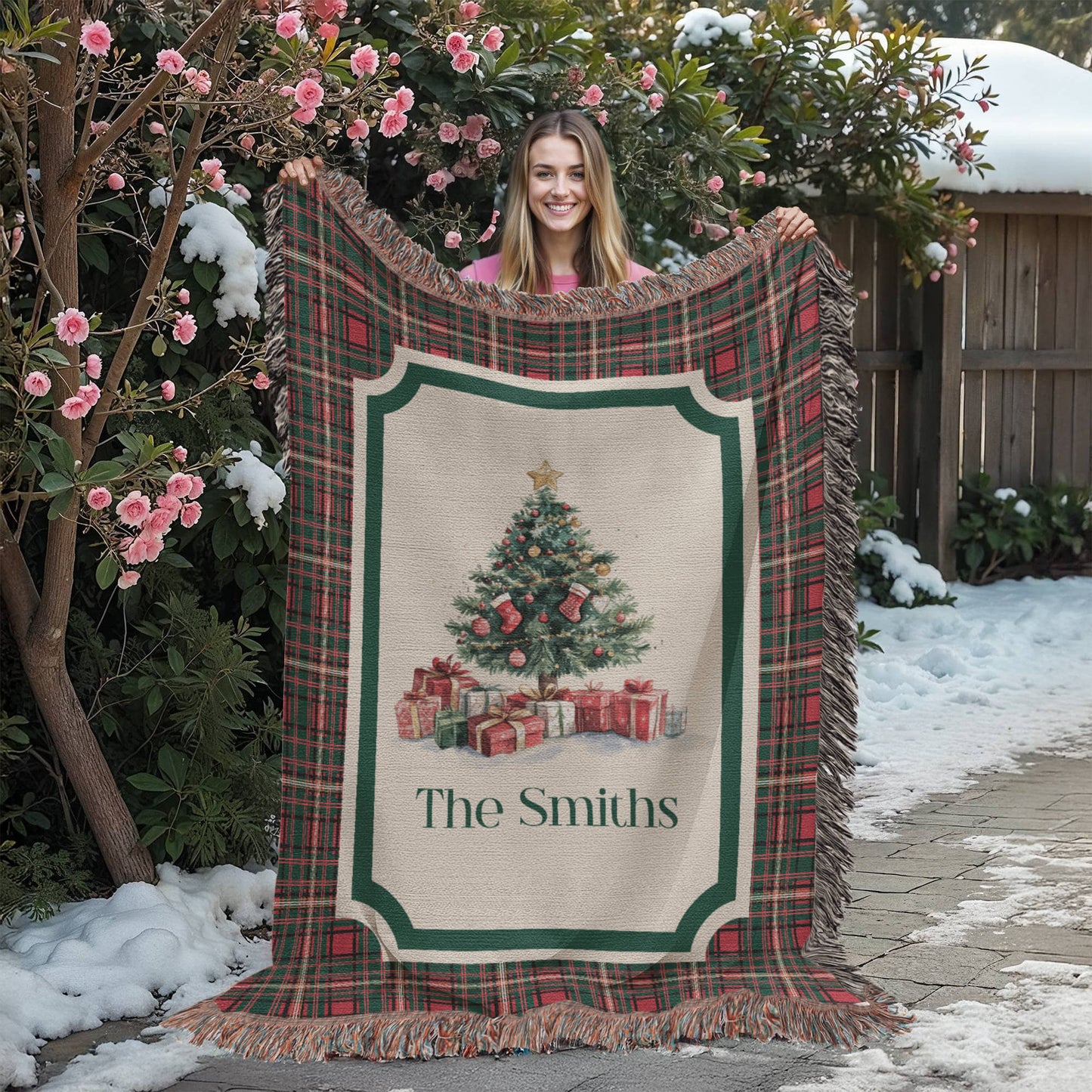 Personalized Christmas Woven Blanket – Custom Family Name Tapestry Throw, 100% Cotton Heirloom Gift