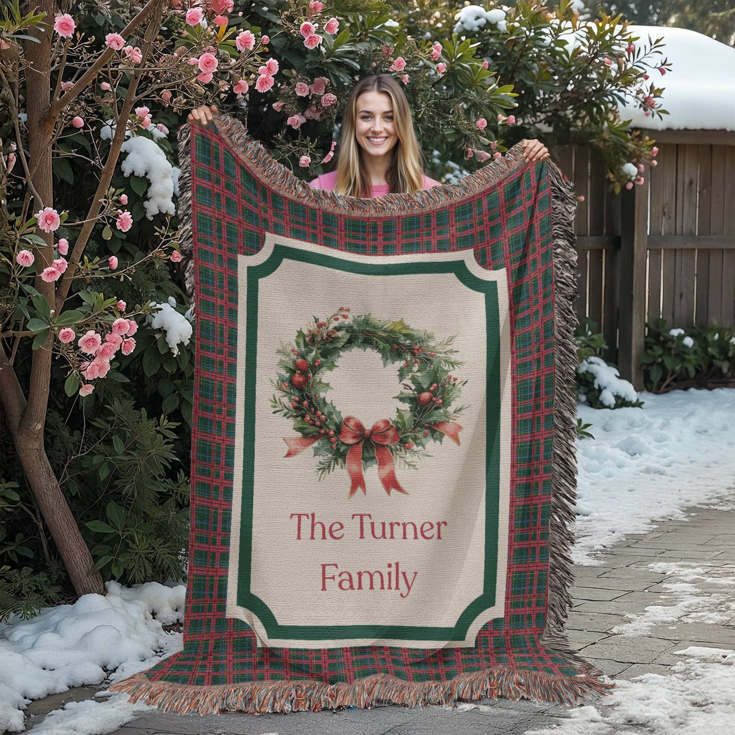 Personalized Christmas Wreath Woven Blanket – Custom Family Name Tartan Tapestry Throw, 100% Cotton Heirloom Gift
