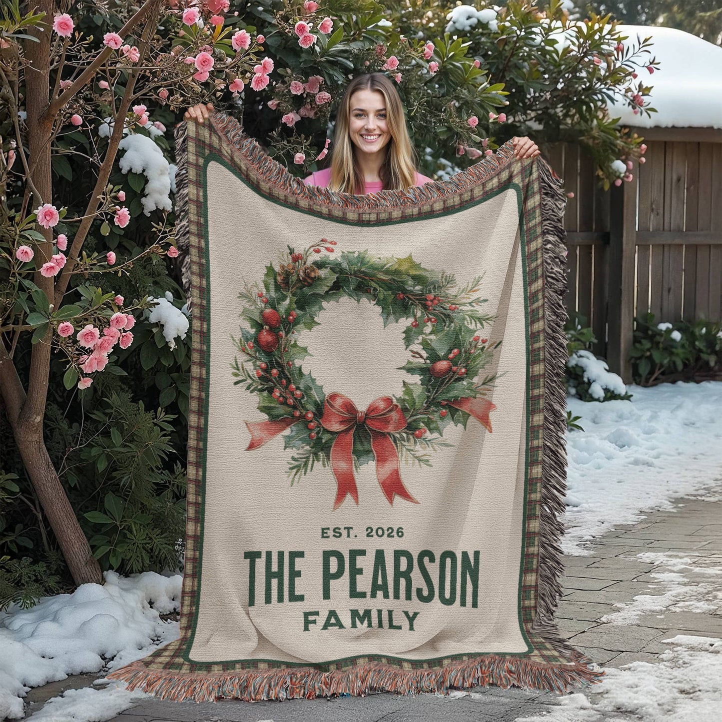 Personalized Family Est. Christmas Wreath Blanket – Custom Family Name & Date Woven Tapestry Throw, 100% Cotton Heirloom Gift