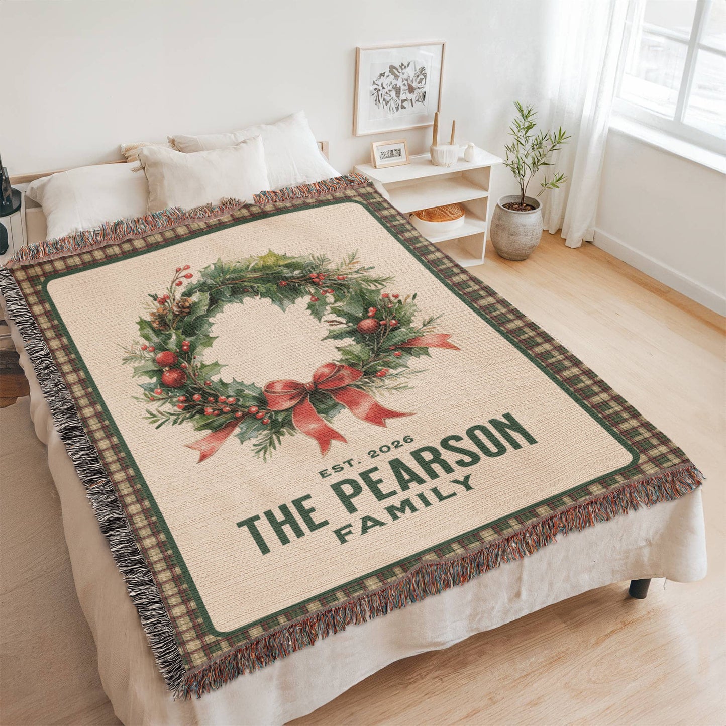 Personalized Family Est. Christmas Wreath Blanket – Custom Family Name & Date Woven Tapestry Throw, 100% Cotton Heirloom Gift
