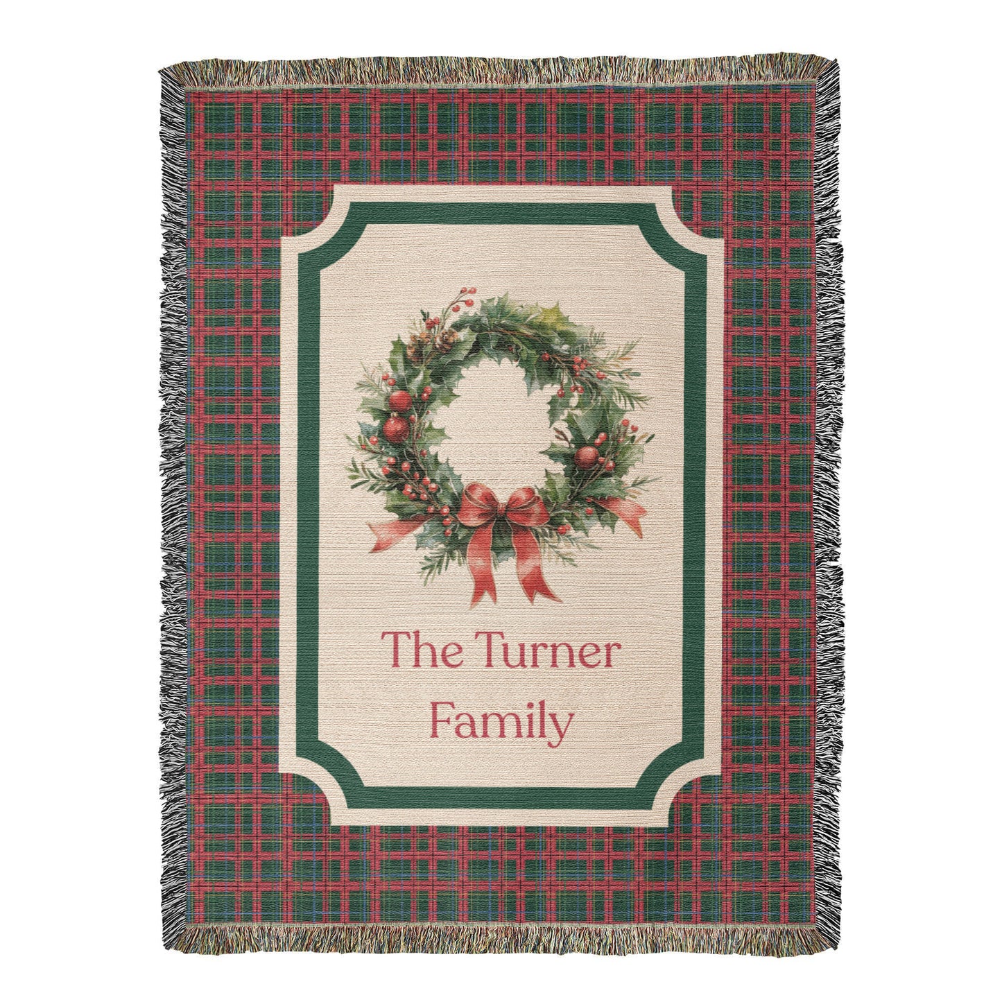 Personalized Christmas Wreath Woven Blanket – Custom Family Name Tartan Tapestry Throw, 100% Cotton Heirloom Gift