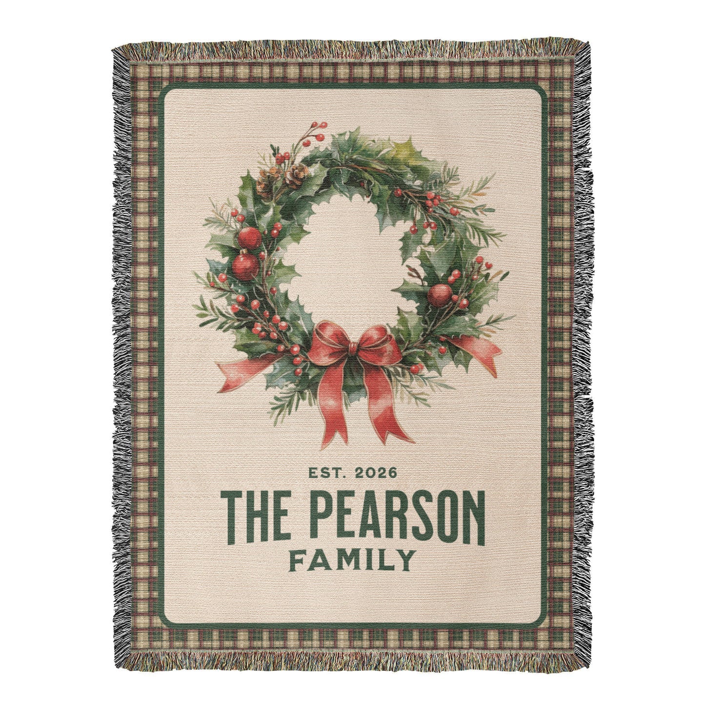 Personalized Family Est. Christmas Wreath Blanket – Custom Family Name & Date Woven Tapestry Throw, 100% Cotton Heirloom Gift