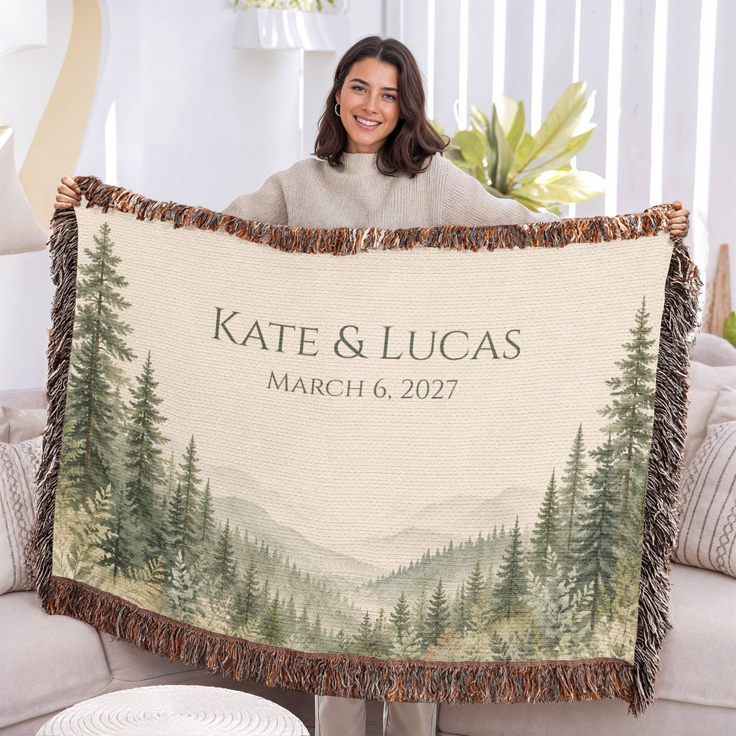 Misty Pine Forest Wedding Blanket – Personalized Gift with Names & Date
