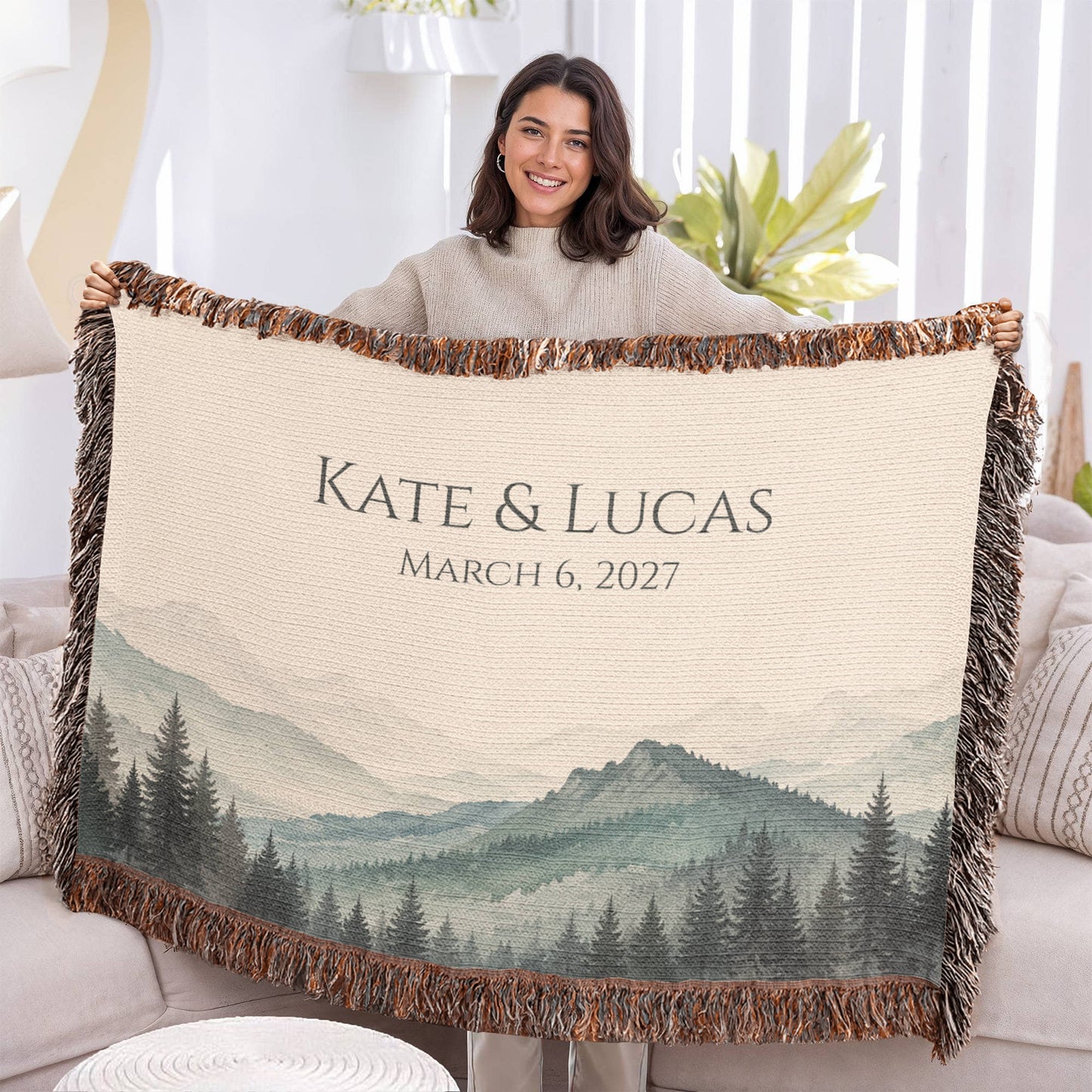 Mountain Peak Wedding Blanket – Personalized Anniversary Gift with Names & Date