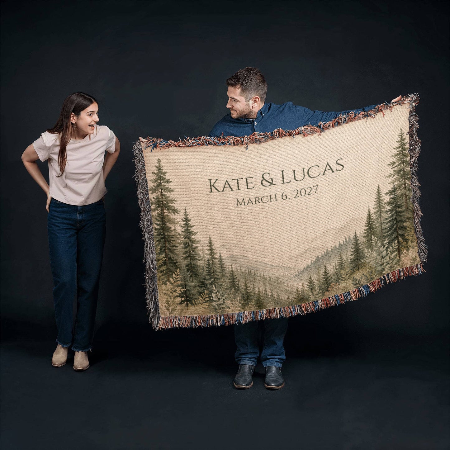 Misty Pine Forest Wedding Blanket – Personalized Gift with Names & Date