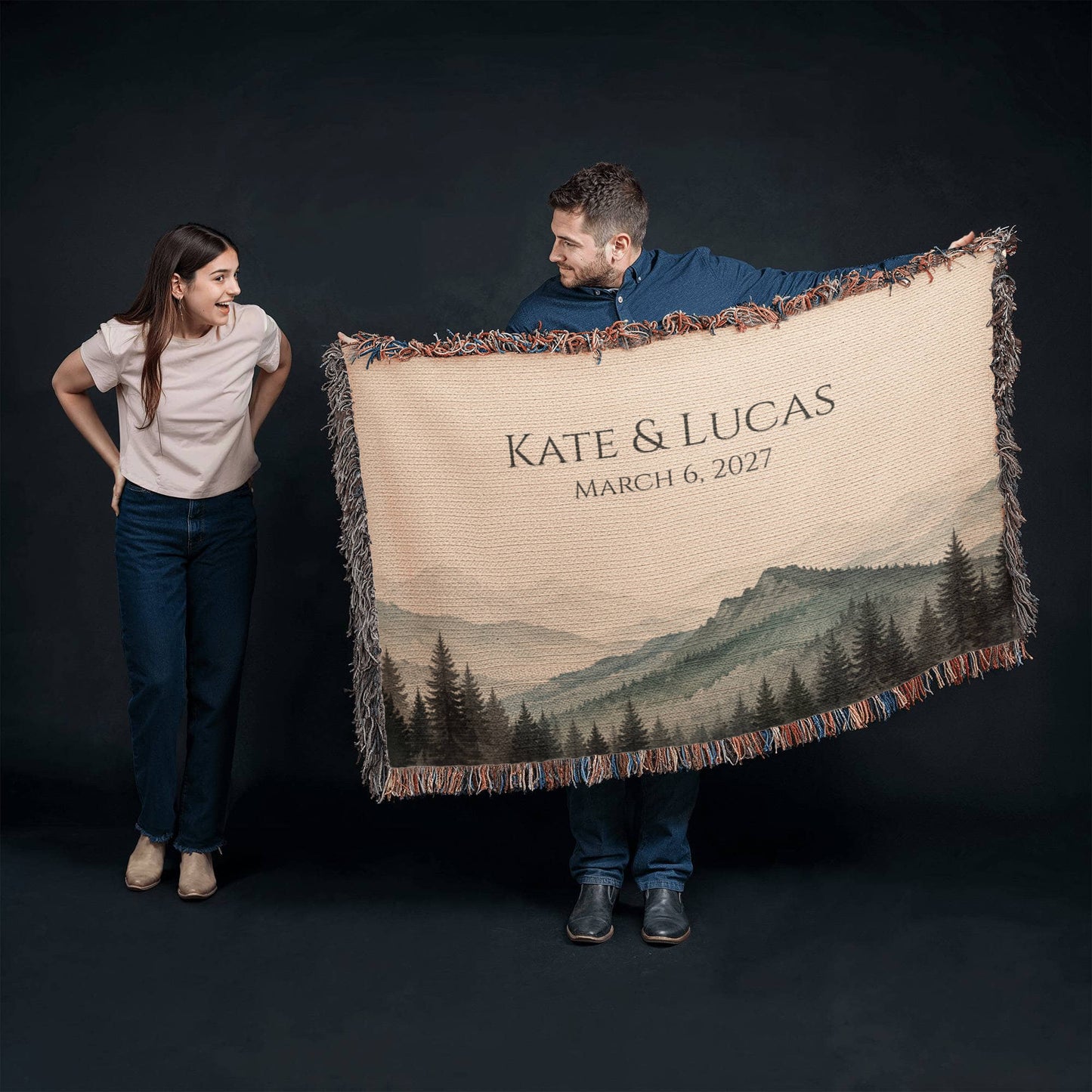 Mountain Peak Wedding Blanket – Personalized Anniversary Gift with Names & Date