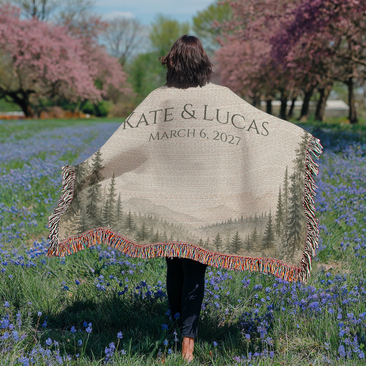 Misty Pine Forest Wedding Blanket – Personalized Gift with Names & Date
