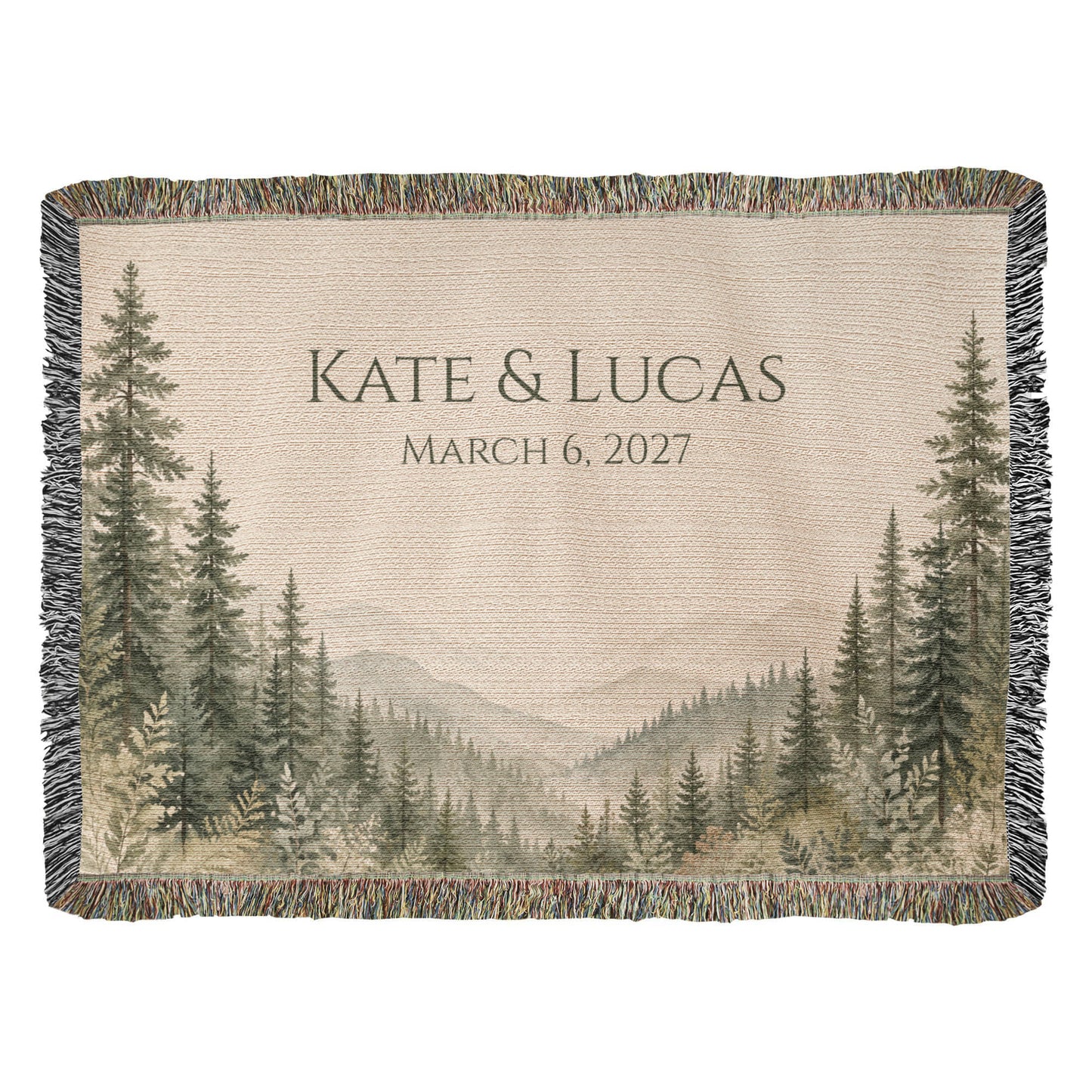 Misty Pine Forest Wedding Blanket – Personalized Gift with Names & Date
