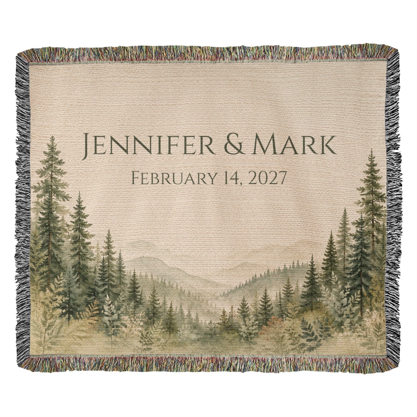 Misty Pine Forest Wedding Blanket – Personalized Gift with Names & Date