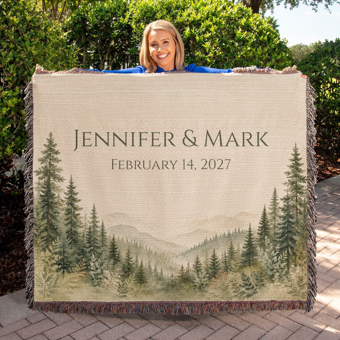 Misty Pine Forest Wedding Blanket – Personalized Gift with Names & Date