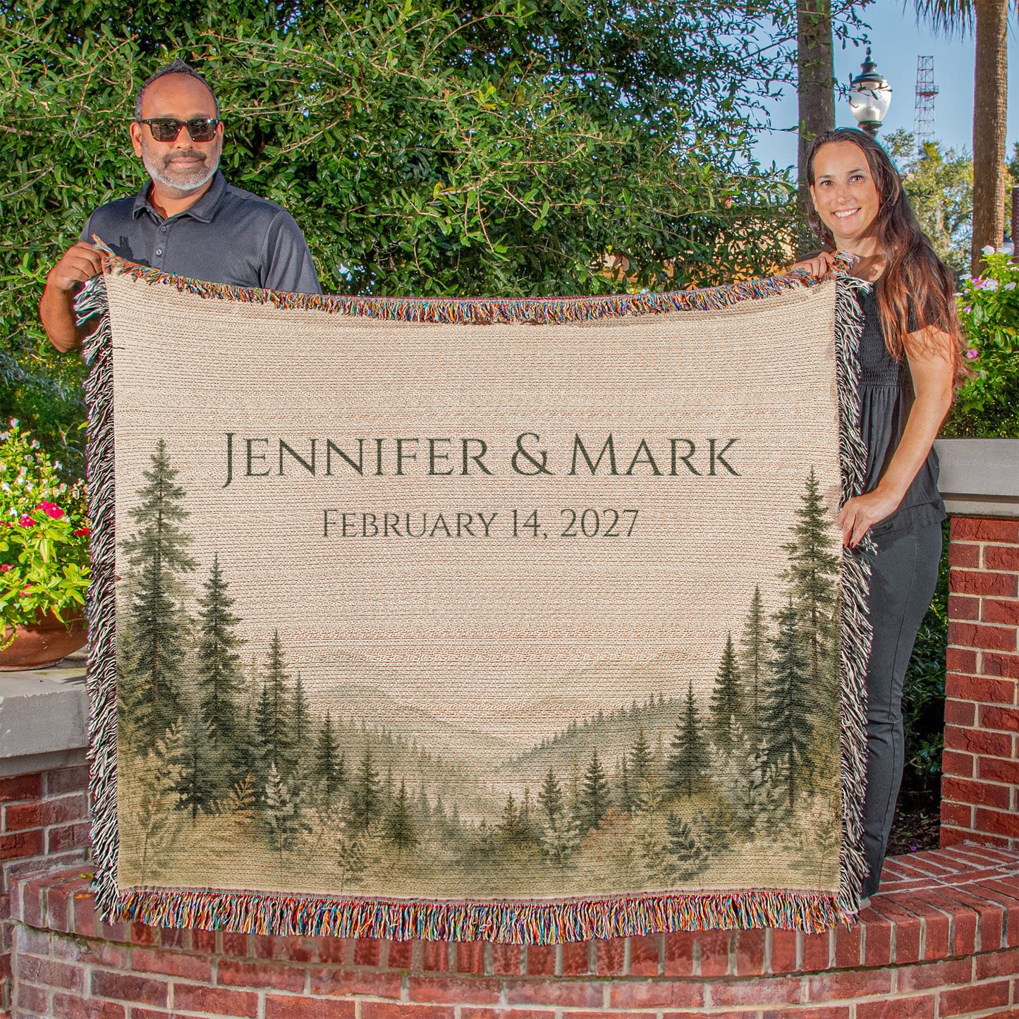 Misty Pine Forest Wedding Blanket – Personalized Gift with Names & Date