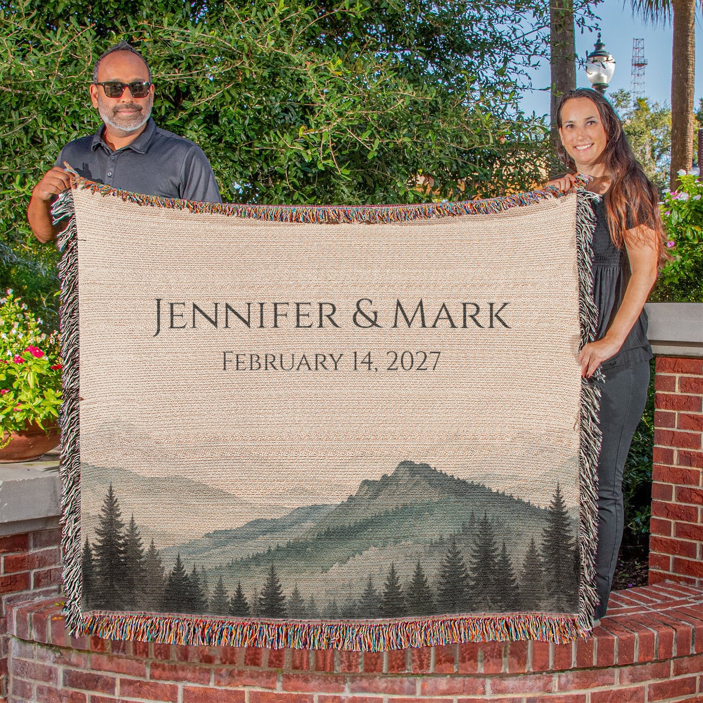 Mountain Peak Wedding Blanket – Personalized Anniversary Gift with Names & Date