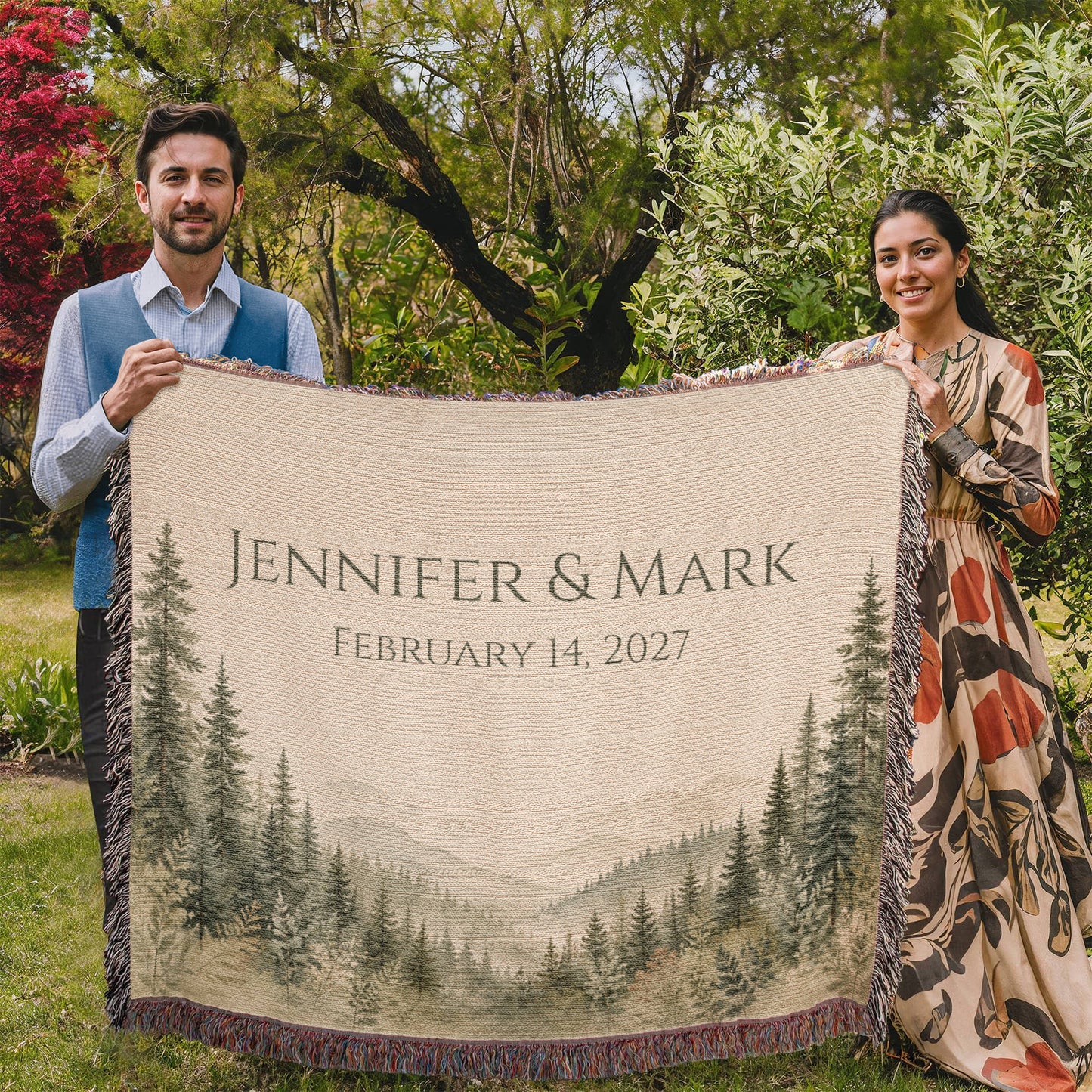 Misty Pine Forest Wedding Blanket – Personalized Gift with Names & Date