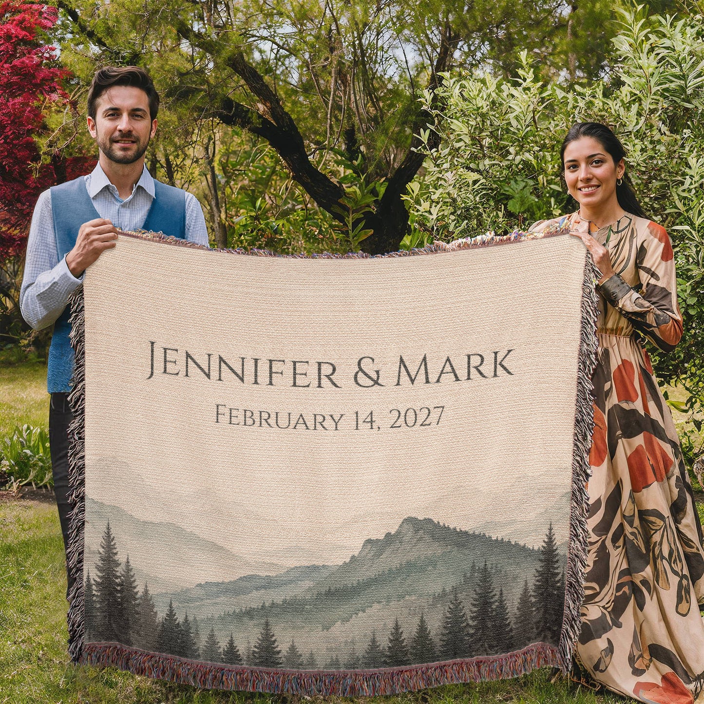 Mountain Peak Wedding Blanket – Personalized Anniversary Gift with Names & Date