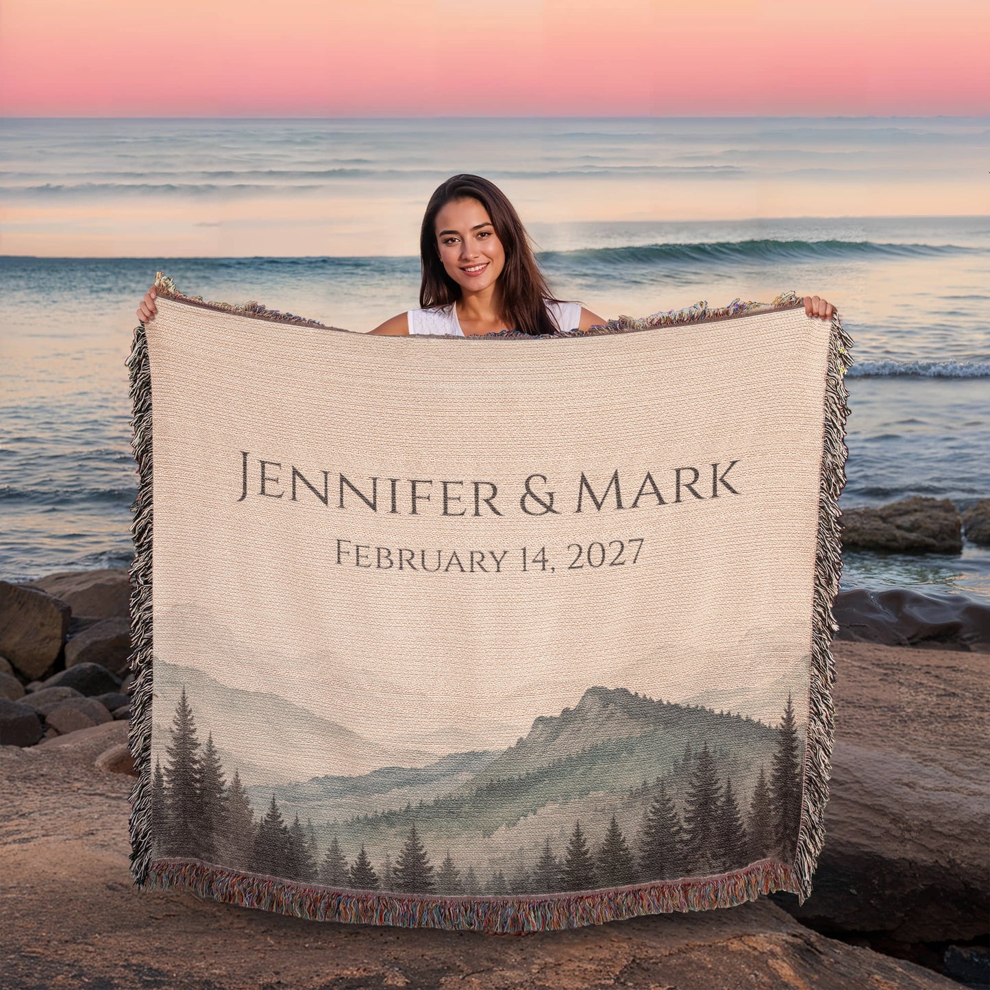 Mountain Peak Wedding Blanket – Personalized Anniversary Gift with Names & Date
