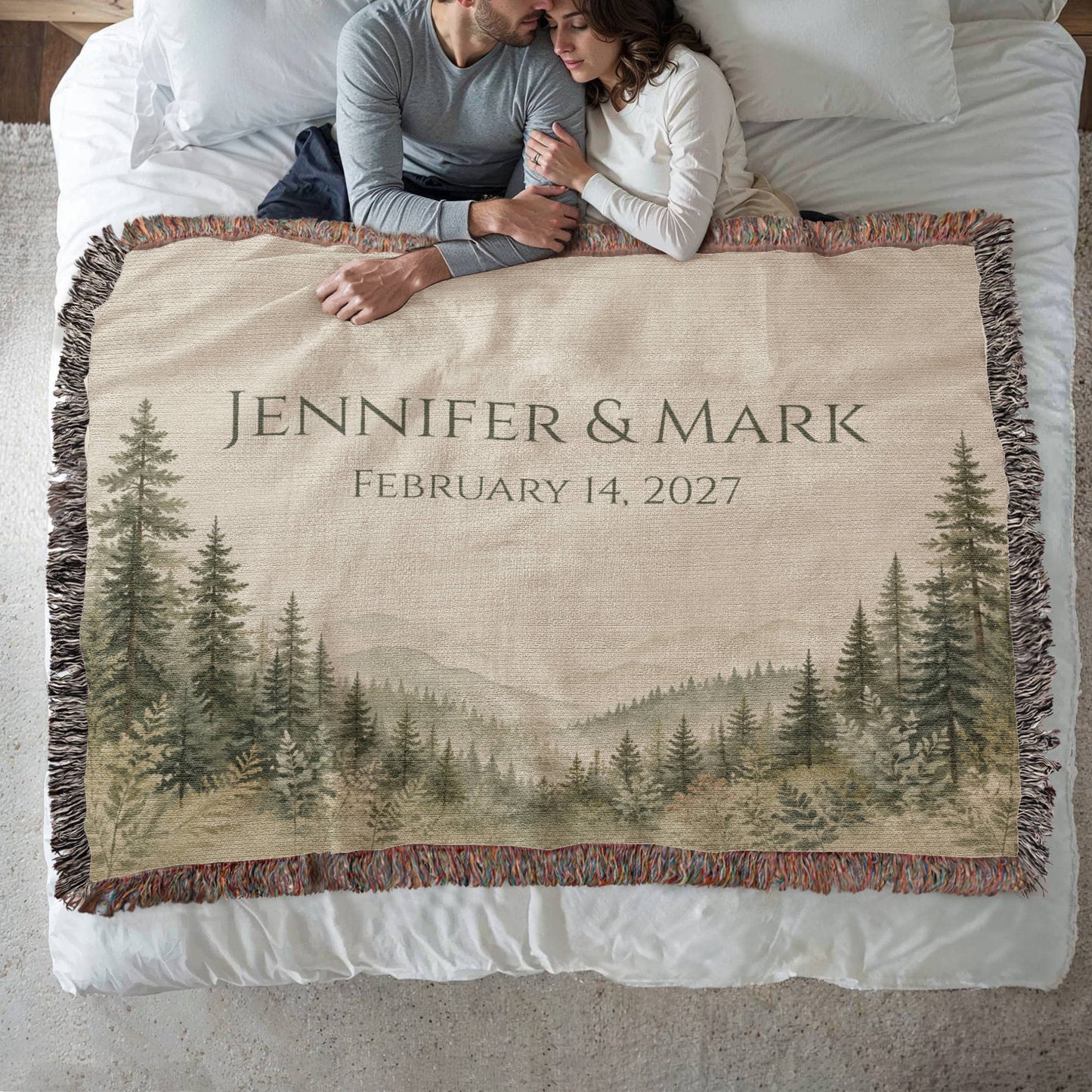 Misty Pine Forest Wedding Blanket – Personalized Gift with Names & Date
