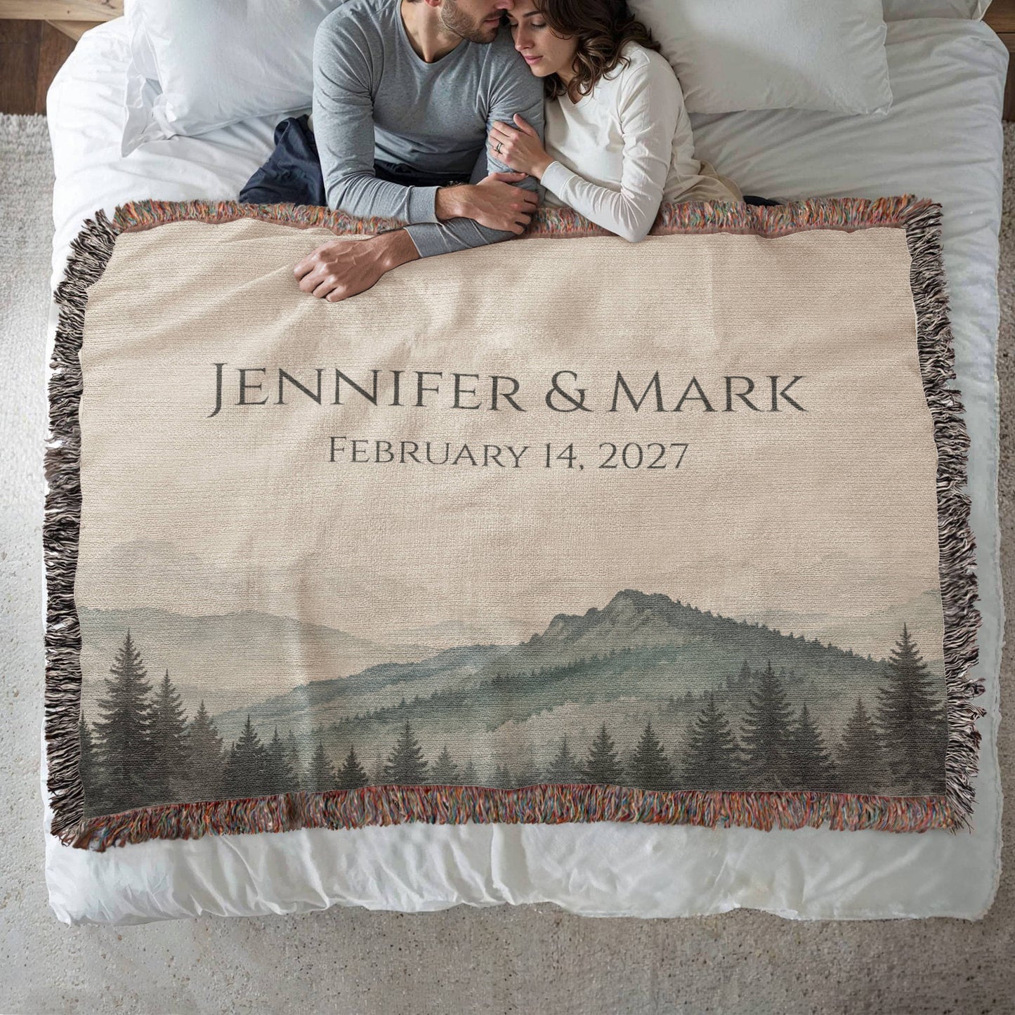 Mountain Peak Wedding Blanket – Personalized Anniversary Gift with Names & Date