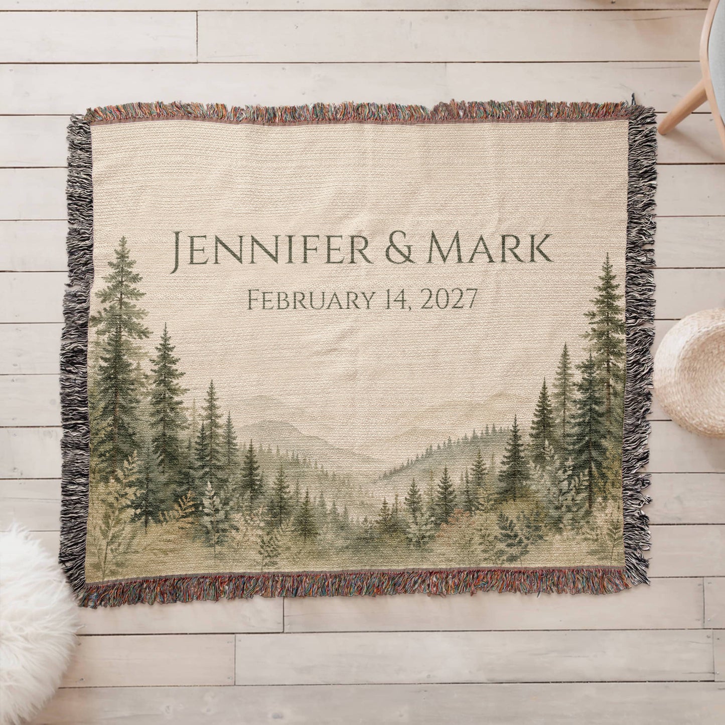 Misty Pine Forest Wedding Blanket – Personalized Gift with Names & Date