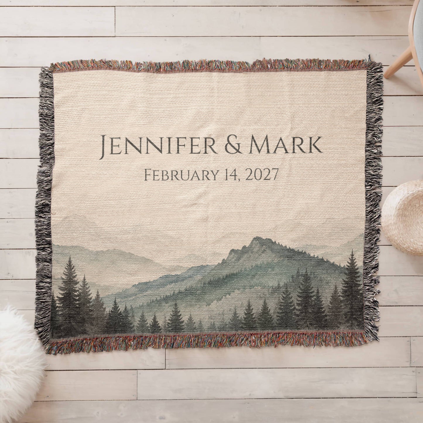 Mountain Peak Wedding Blanket – Personalized Anniversary Gift with Names & Date