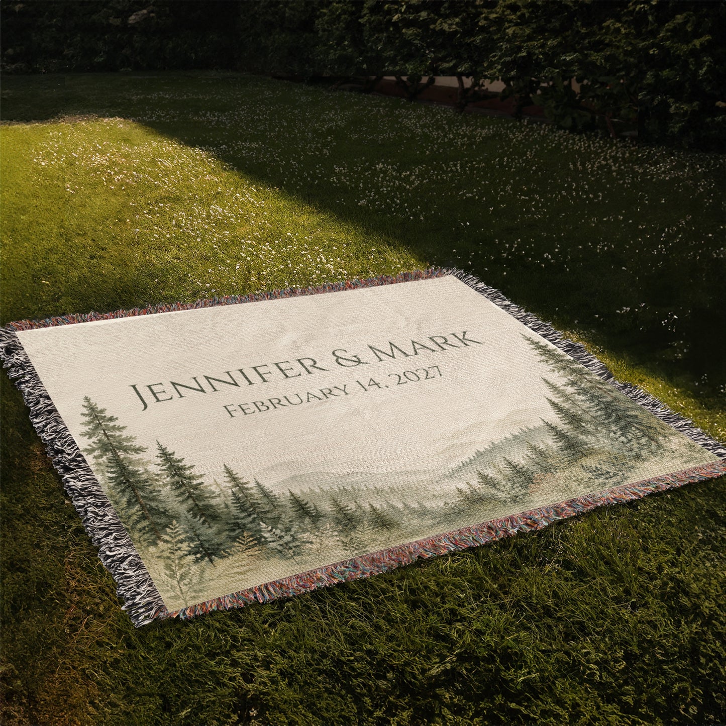 Misty Pine Forest Wedding Blanket – Personalized Gift with Names & Date