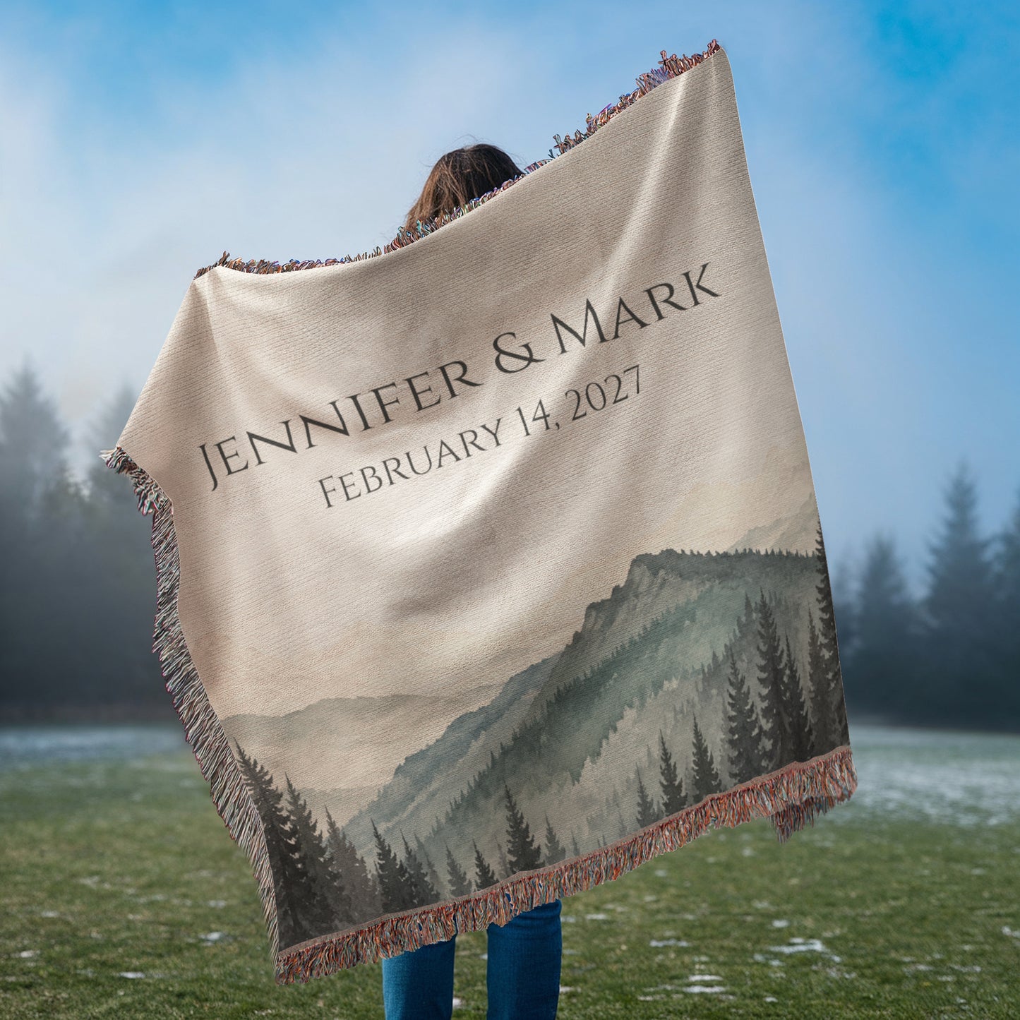 Mountain Peak Wedding Blanket – Personalized Anniversary Gift with Names & Date