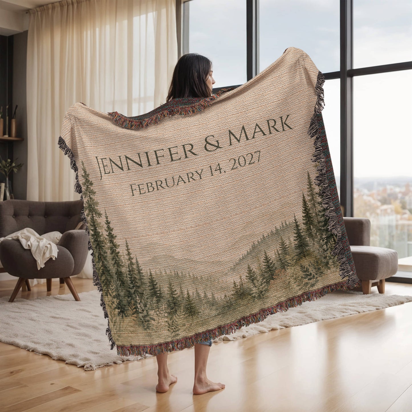 Misty Pine Forest Wedding Blanket – Personalized Gift with Names & Date