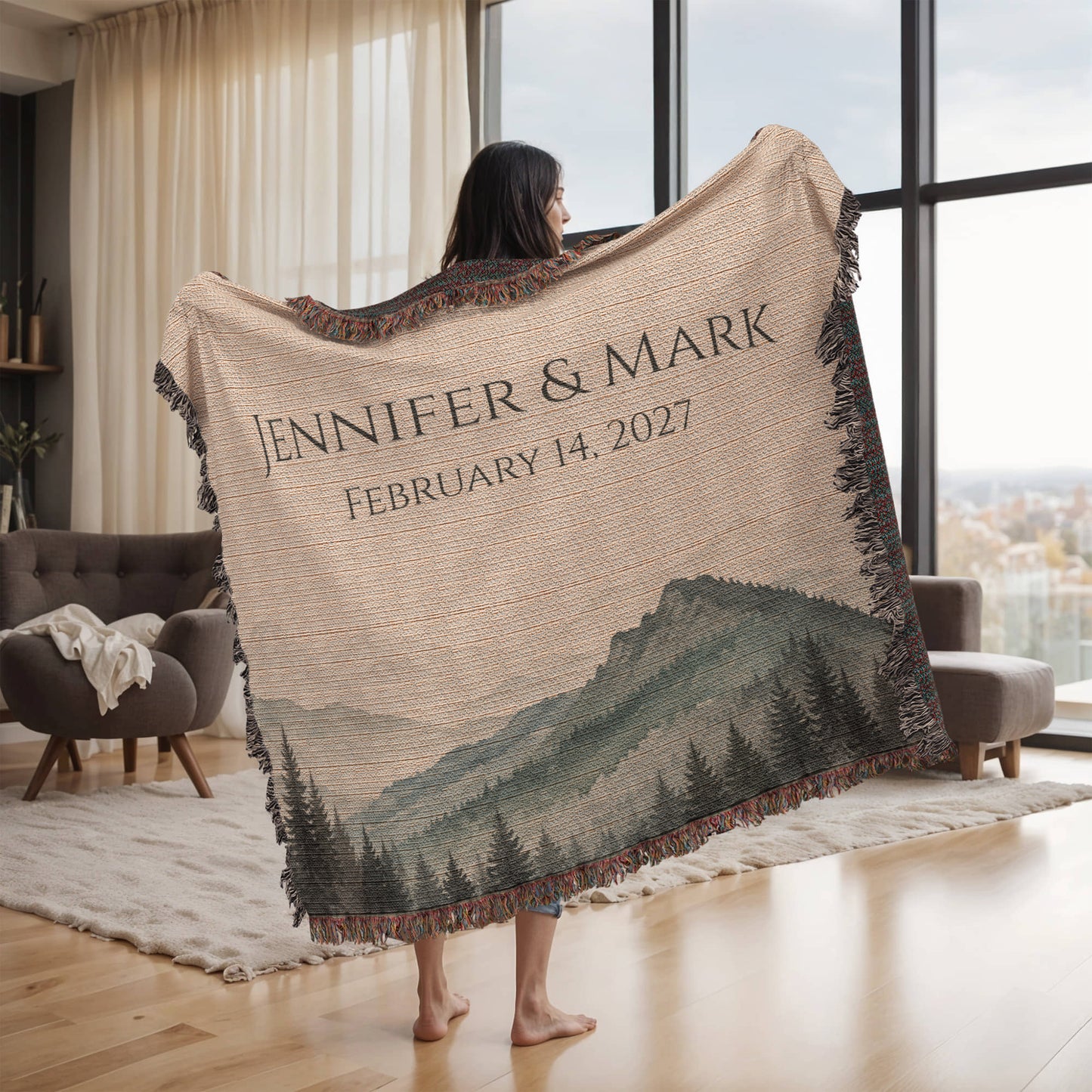 Mountain Peak Wedding Blanket – Personalized Anniversary Gift with Names & Date