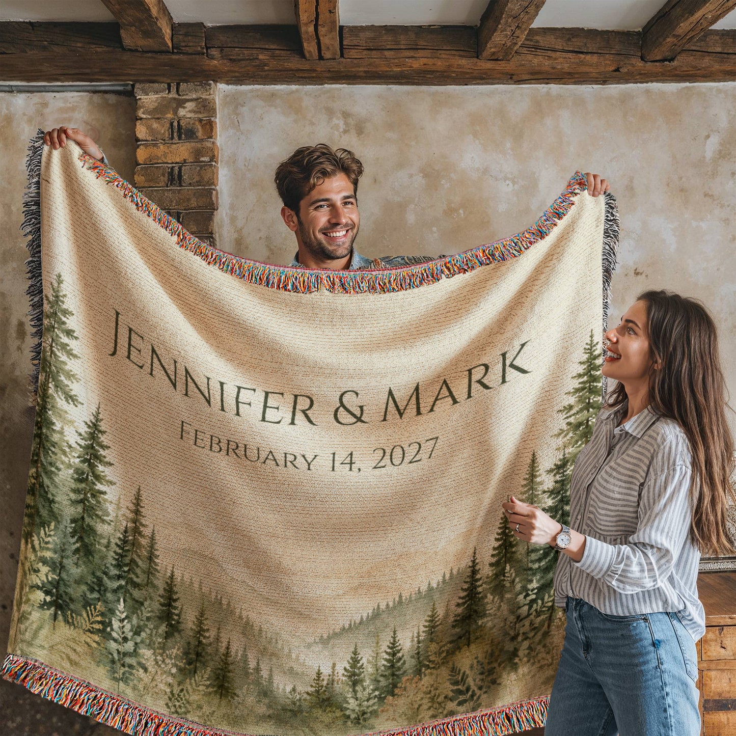 Misty Pine Forest Wedding Blanket – Personalized Gift with Names & Date