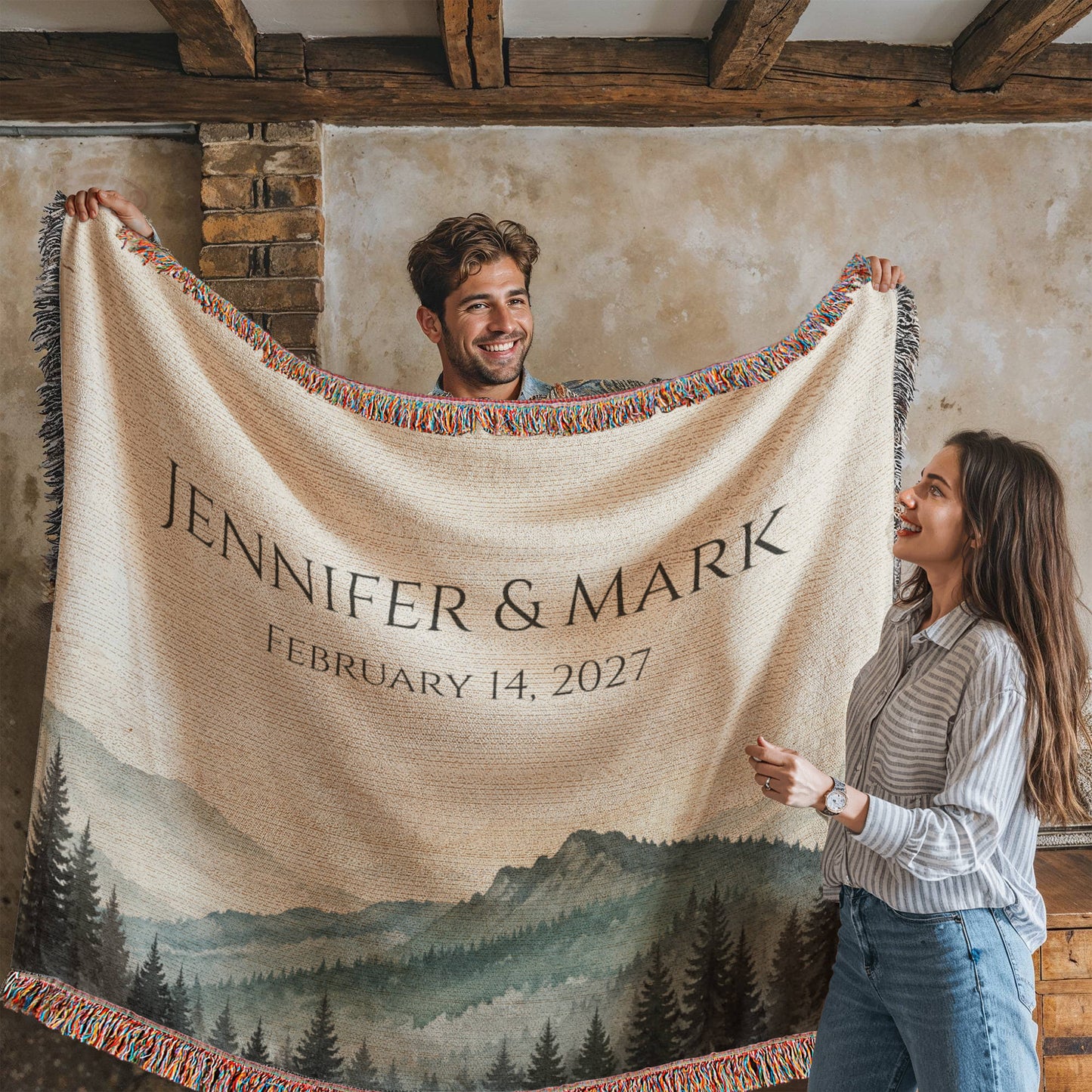Mountain Peak Wedding Blanket – Personalized Anniversary Gift with Names & Date