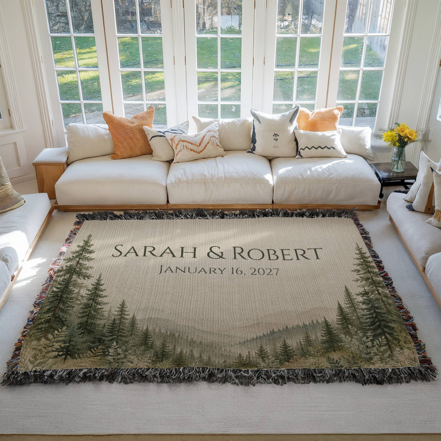 Misty Pine Forest Wedding Blanket – Personalized Gift with Names & Date